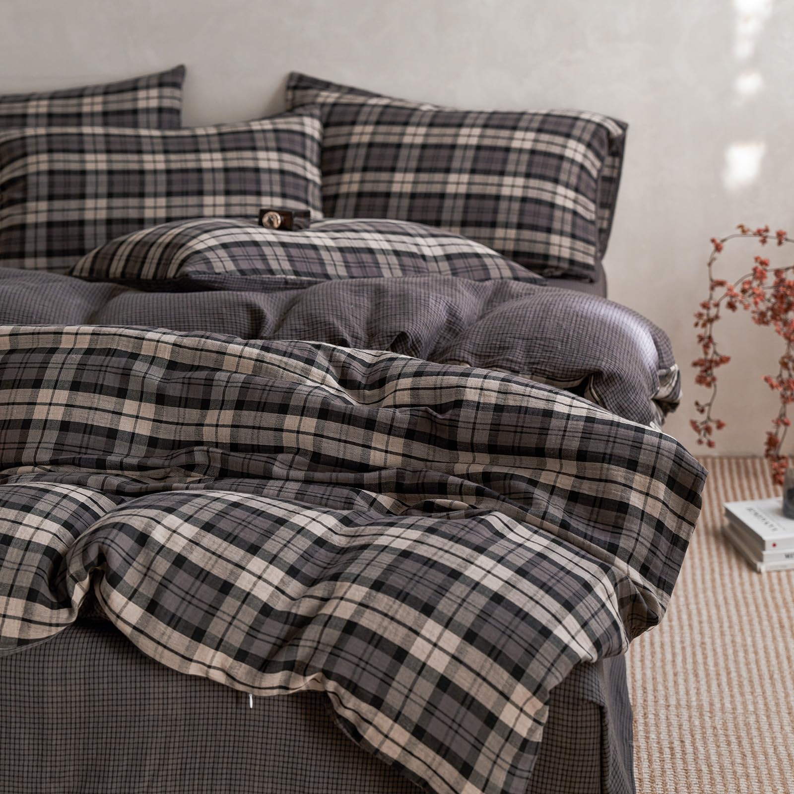 EAVD Vintage Buffalo Plaid Duvet Cover Set Full 100% Muslin Cotton 3-Piece