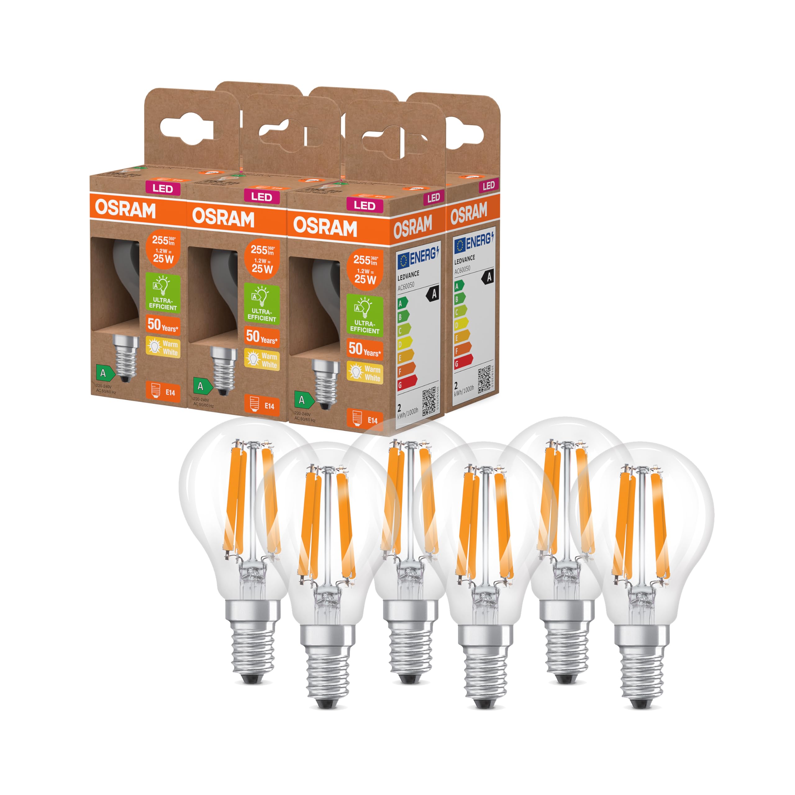 Osram LED-Lampe in klassischer Globeform, mit dekorativem LED-Filament, Energieeffizienzklasse A, E27, 2.2 W, 470 lm, 4000 K, kaltweiß. Ohne Aufwärmen, sofort 100% Licht. 6-Pack