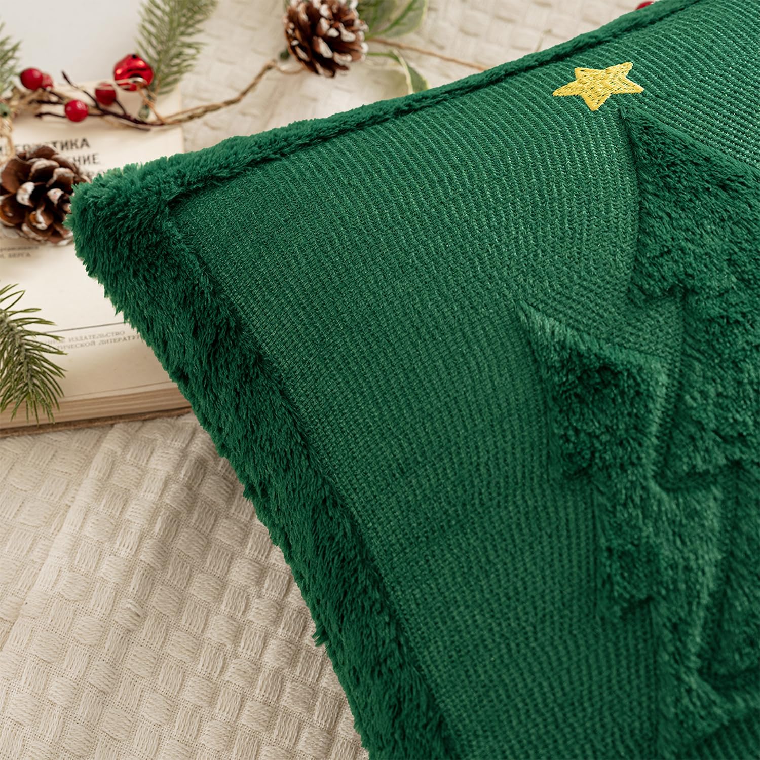MIULEE Christmas Trees Pillow Covers Set of 2 Decorative Soft Throw Pillows Plush Faux Fur Wool Embroidered Couch Cushion for Holiday Winter Home Decor Chair Sofa Bedroom Living Room,Green 20x20inch