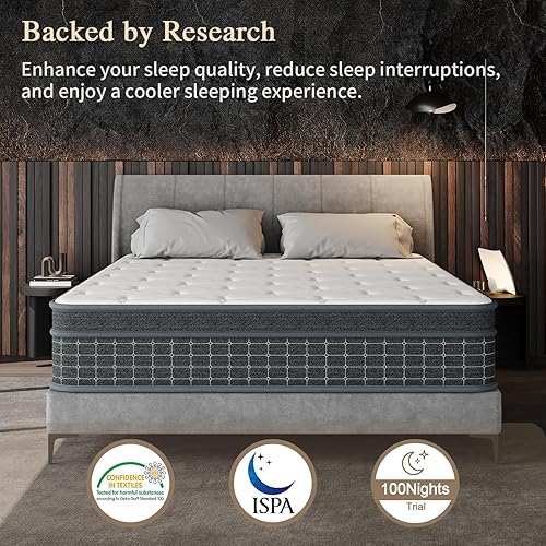 Miniatura 3 de UMN Colchón tamaño King de 12 pulgadas en caja, resortes embolsados individualmente, alivio de presión, aislamiento de movimiento, proporciona