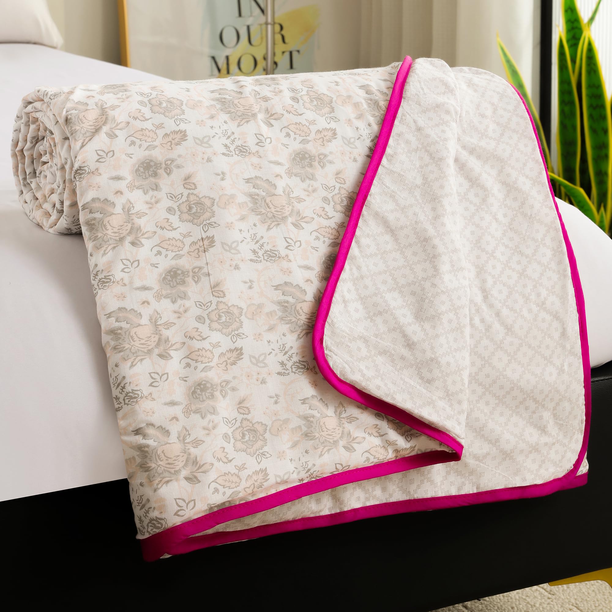 Story@Home Dohar Single Bed 100% Cotton Blankets for Monsoon | 144x 220CM, 150GSM Ac Comforter and Cooling Blankets for Monsoon | Baby Pink & White | Floral Pattern Quilt Duvet | All-Season Blanket-picture-21