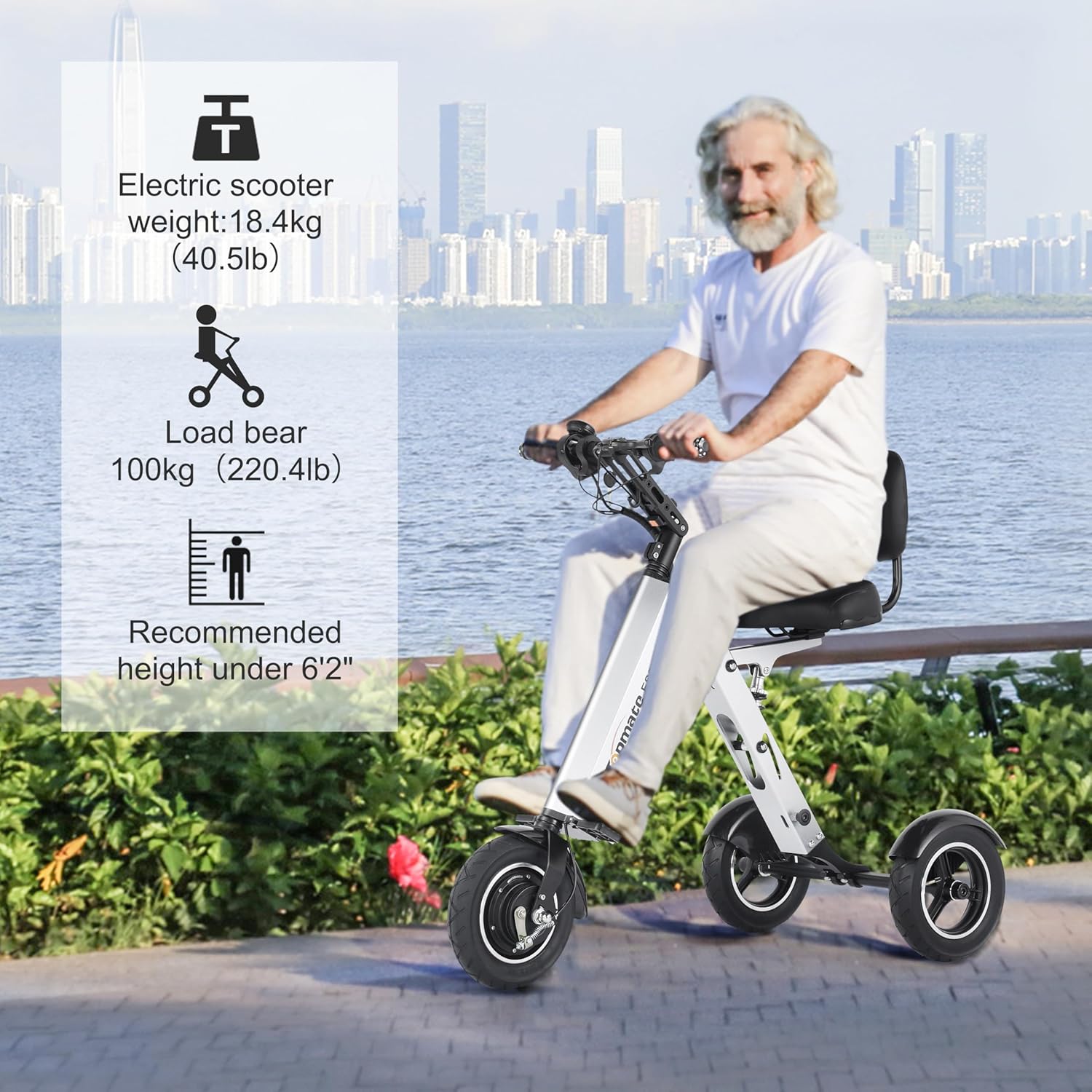 TopMate ES35 Powered Scooter 3 Wheels Foldable with Backrest Seat for Adults, Lightweight Electric Scooter with Removable 36V 7.8AH Battery, Reverse & Key Switch for Commute and Travel