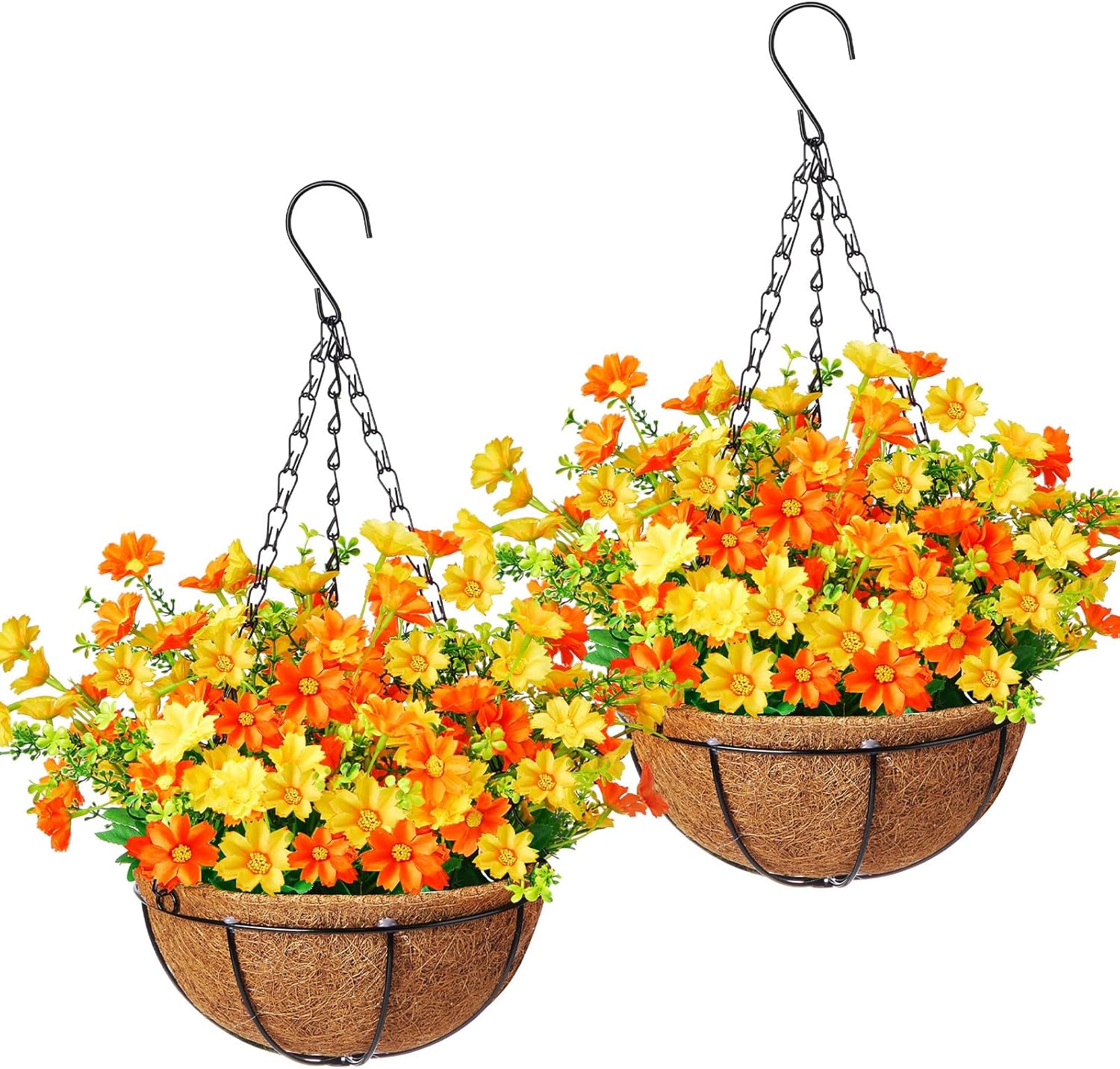 Lyrow 2 Pack Artificial Hanging Basket with Daisy Flowers, 12 Inch Faux Hanging Flower Baskets in Coconut Lining Fake Plants for Outdoor Porch, Patio, Balcony, Garden and Front Door Decor(Yellow)