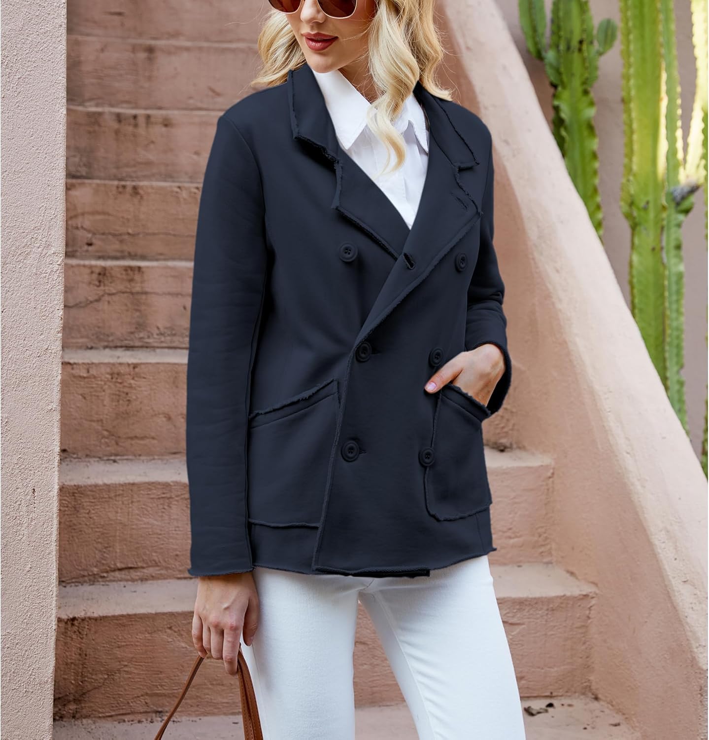 Ainangua Classic Trench Coats for Women Double Breasted Belfast Fleece Peacoat Jackets Essentials Fall Winter Coat - Image 6