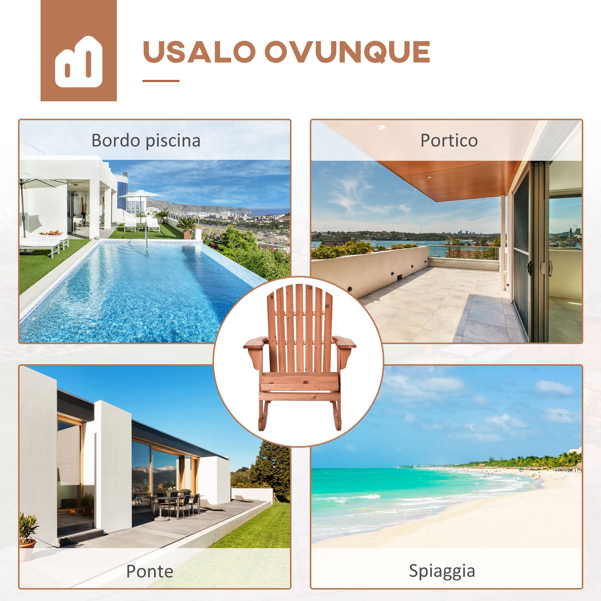 Outsunny Sedia Adirondack in Legno, Sedia a Dondolo per Giardino ed Esterni Impermeabile, 77x94x97cm Teak