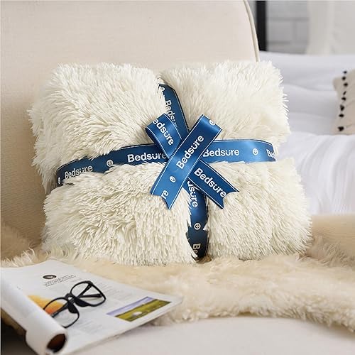 Miniatura 7 de Bedsure - Manta de piel sintética tamaño individual, color crema, peluda, esponjosa y lanuda de pelo sintético, sherpa suave y grueso, de teñido