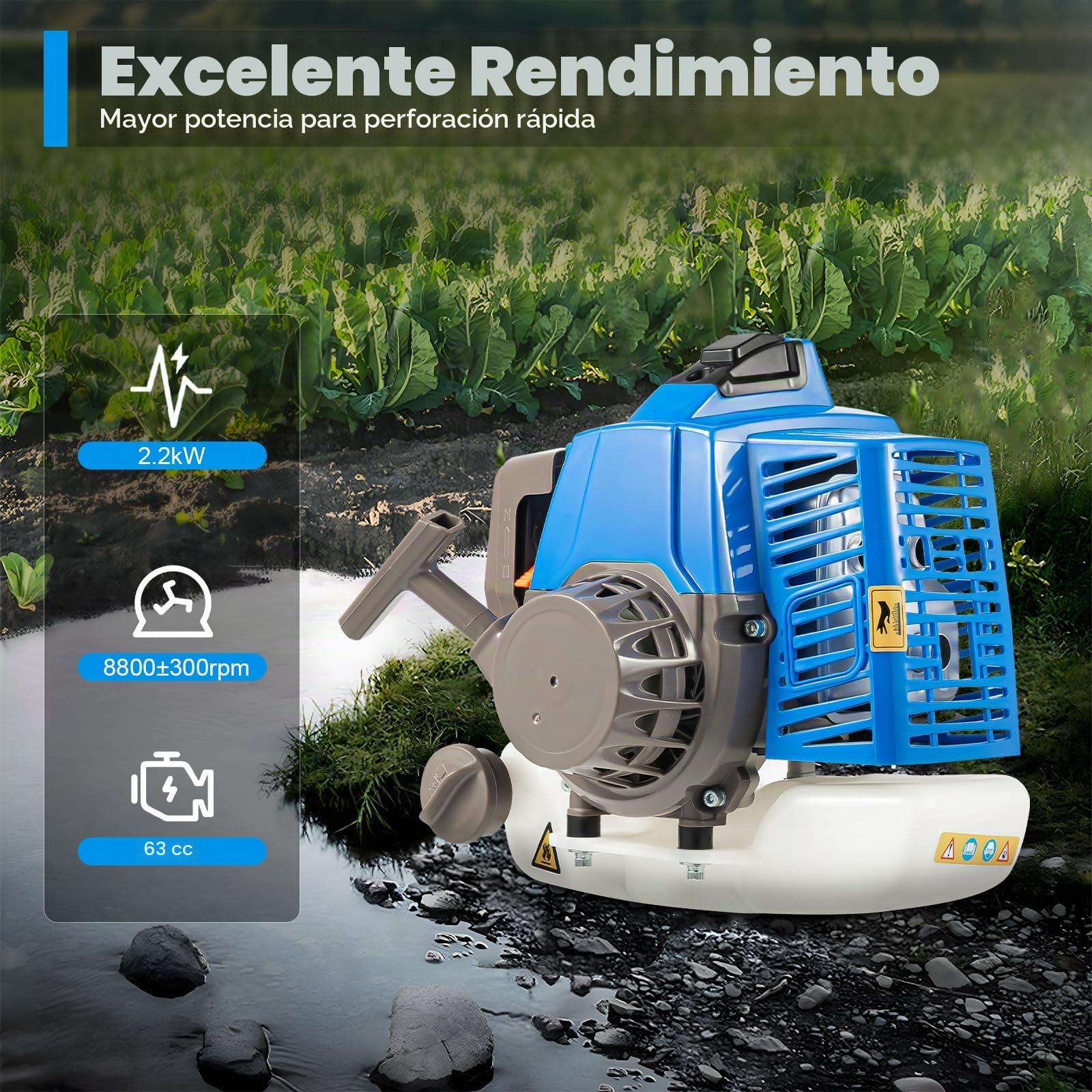 Broca de tierra de gasolina de 2 tiempos, 63 CC, 2,2 kW, con ruedas, 300 mm, broca de jardín, tipo empuje manual, taladro de gasolina, postes de valla, incluye depósito de 1,3 L