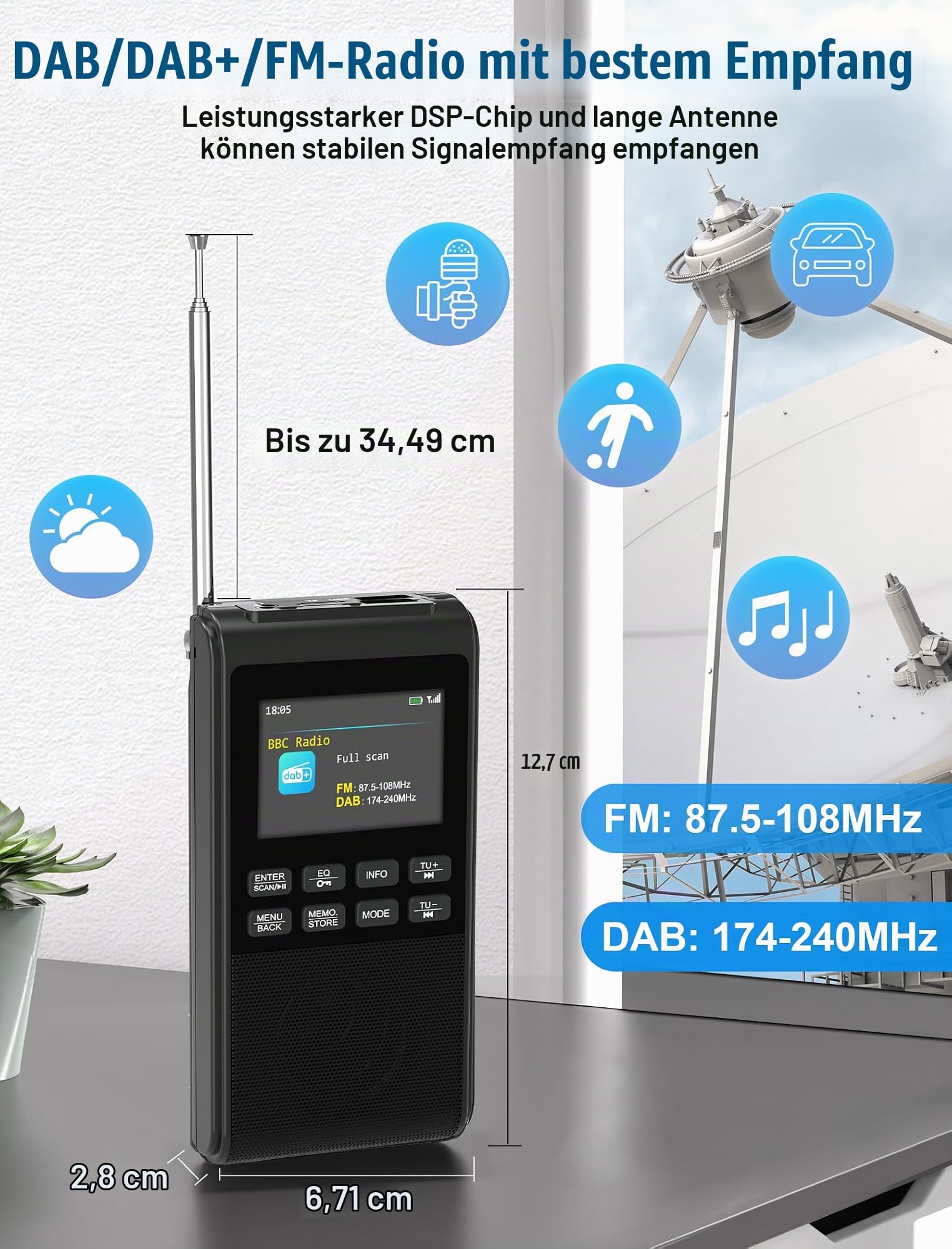 Tragbares DAB-Radio mit Bluetooth 5.3, wiederaufladbares, batteriebetriebenes FM-Radio, klein, Dual-Alarmuhr, DAB+ Digitalradio mit Farbdisplay, großer 5-W-Lautsprecher, unterstützt SD-Karte und