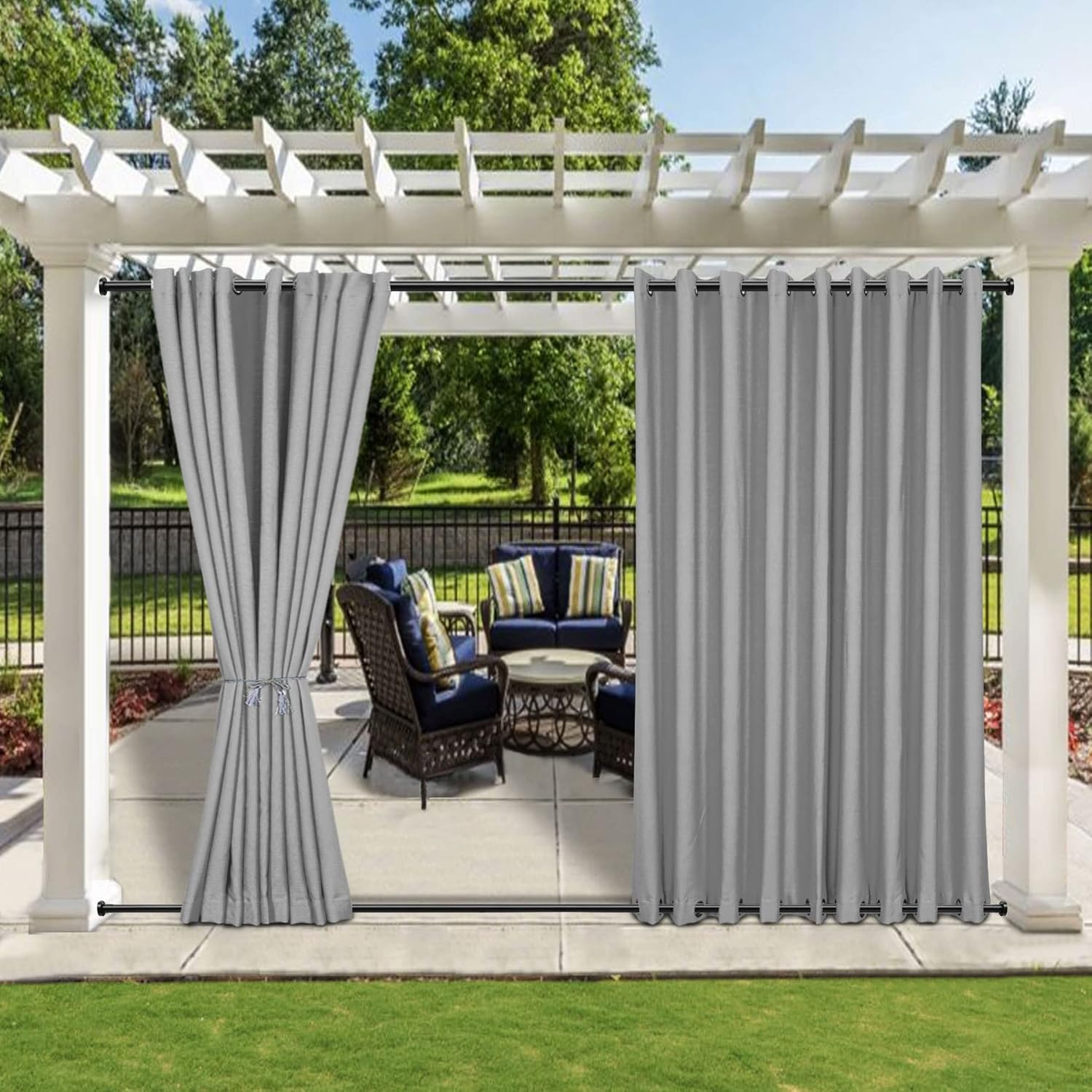 Fcosie 84" W x 84" L Waterproof Indoor Outdoor Curtains Windproof Burlap Linen Look Outdoor Curtains Grommet at Top and Bottom, Outside Drapes for Patio, Arbor, Gazebo, Yard, Deck - 1 Panel, Grey