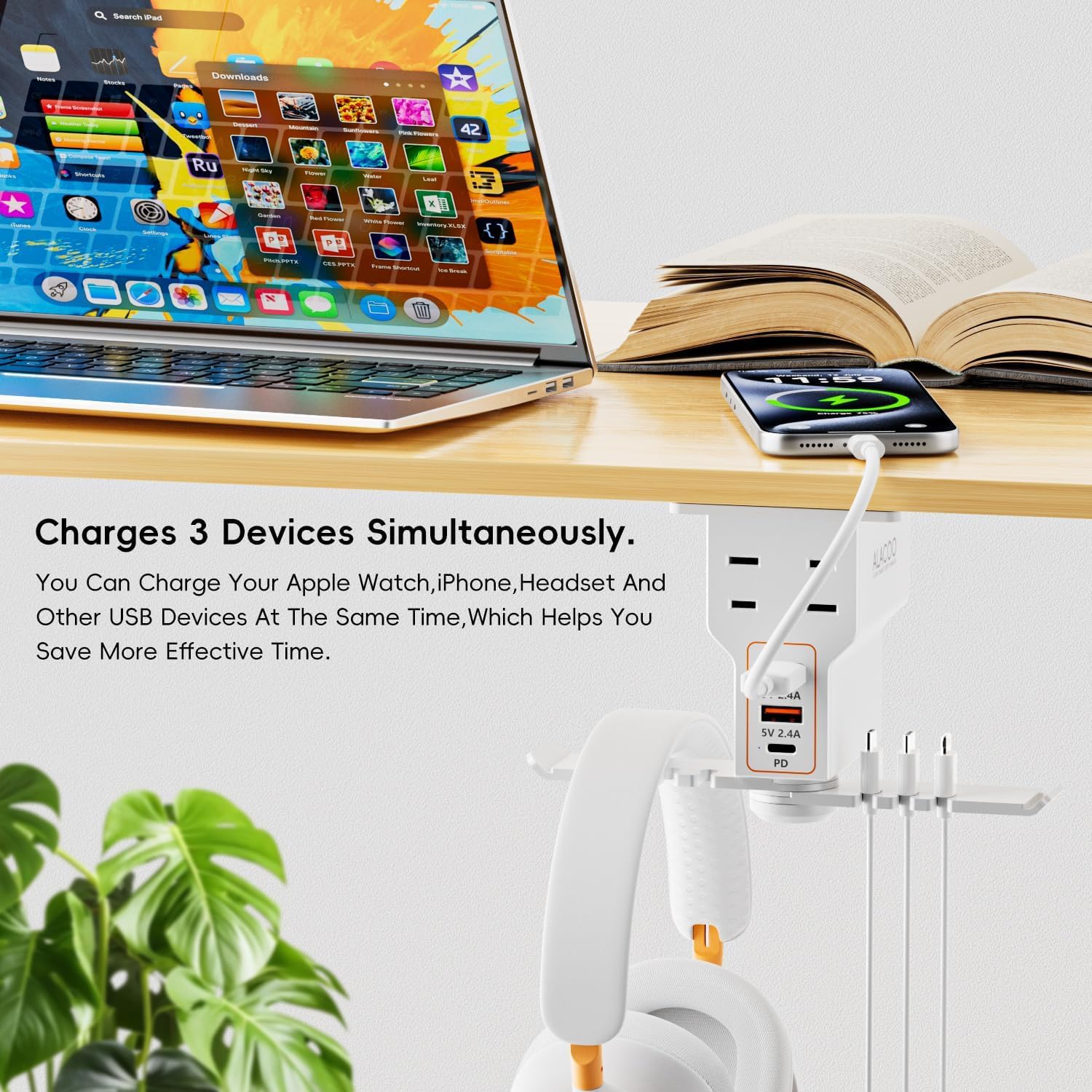 Gaming Headphone Stand with Charging Station - Aluminum Hooks Headphone Holder, Under Desk Headset Stand, 3 USB & AC Outlet, Surge Protector & Cable Organizer, Gift for Girl/Men