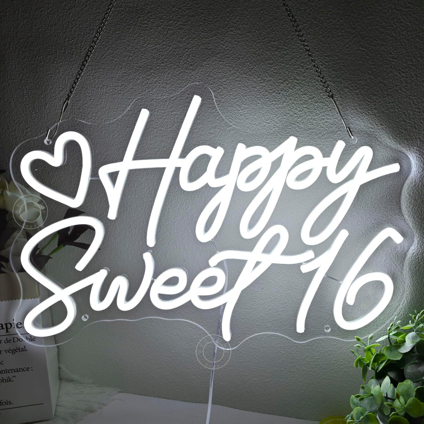 SYLHOME Happy Sweet 16 Led Neon Light Sign Happy 16th Birthday Party Backdrop Wall Sign Decor Sixteen Birthday Banner 15.75" X 10.24" USB Cold White