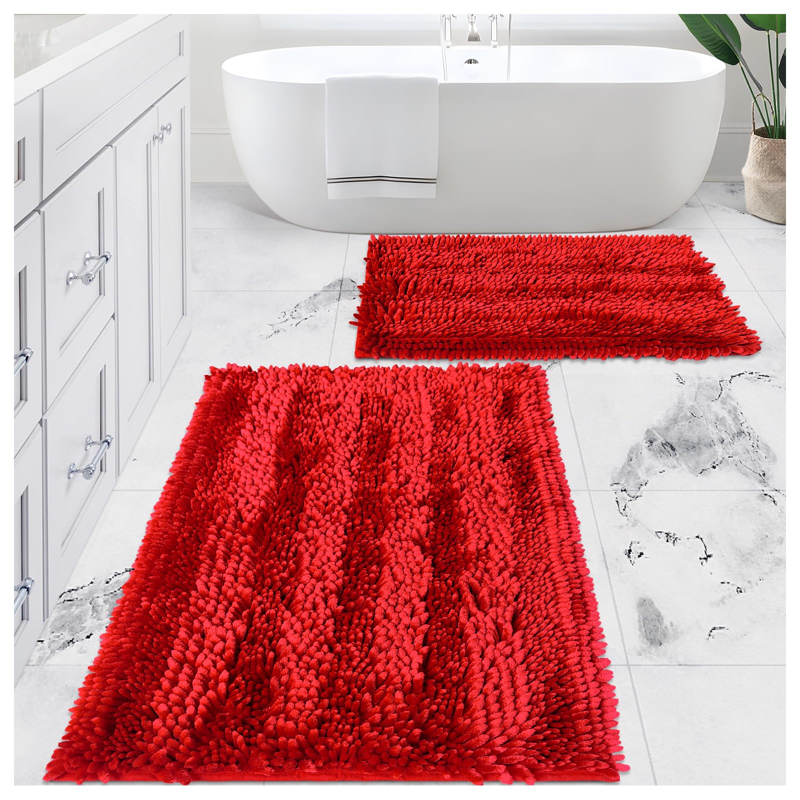 Civkor Red Bathroom Rugs Bath Mat Rug Set 2 Piece Butter Chenille, Shiny Noodle Bathroom Mats 31x20 and 24x16 Inch with Non Slip Backing, Super Water