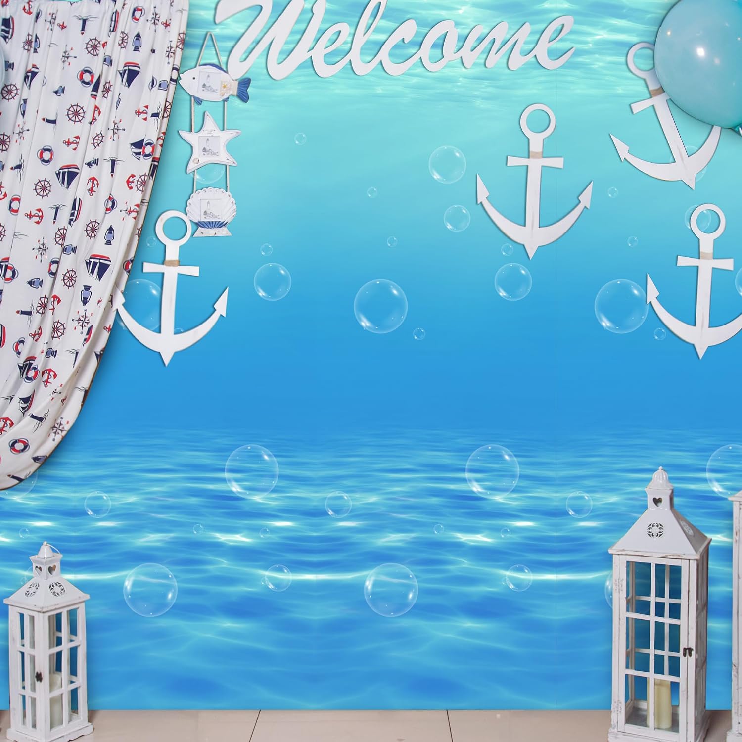 Kochorie 54 Inch x 100 Ft Ocean Waves Plastic Tablecloth Roll in Slide Cutter Box Under the Sea Table Cover Blue Water Print Backdrop Bulletin Board Plastic Roll for Beach Pool Birthday Party Decor