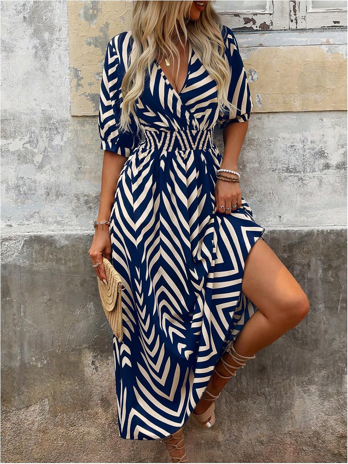 SweatyRocks Women's Summer Half Sleeve Wrap V Neck Smocked A Line Midi Dress - Image 4