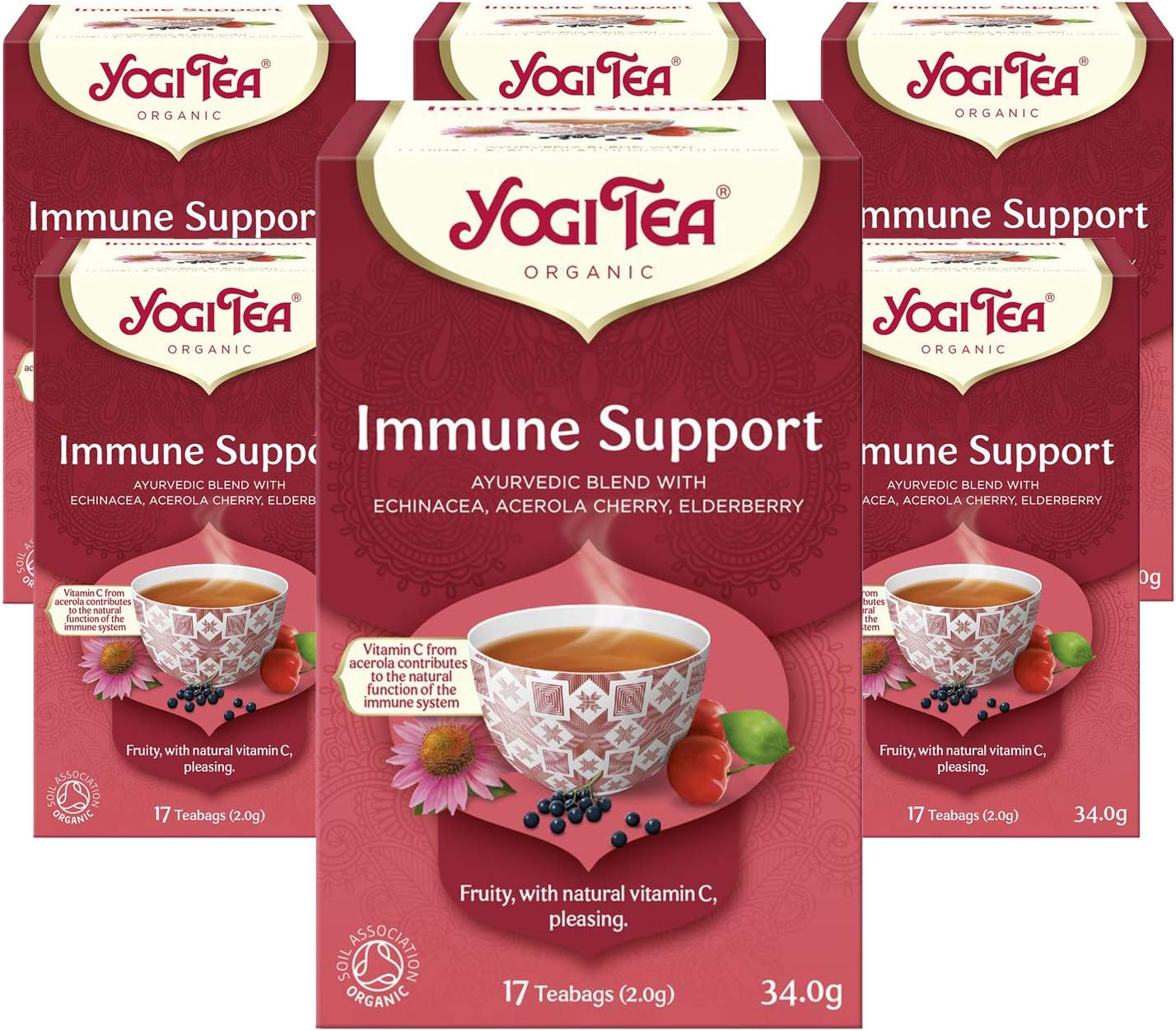 Yogi Tea, Immune Support, Organic Herbal Tea, Vitamin C, Blend of Echinacea, Acerola Cherry and Elderberry, 6 Packs x 17 Tea Bags (102 Teabags Total)