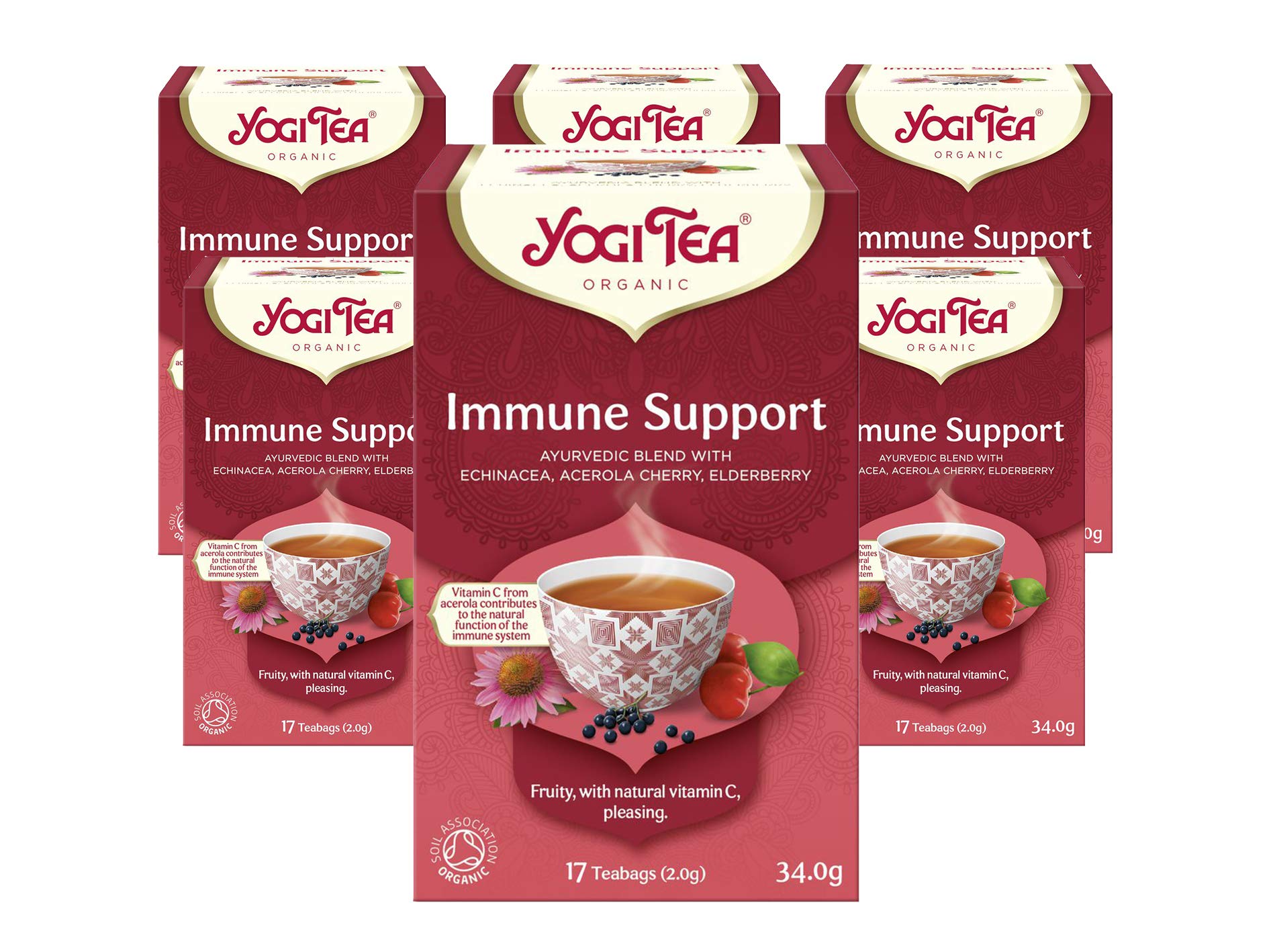 Immune Support, Organic Herbal Tea, Vitamin C, Blend of Echinacea, Acerola Cherry and Elderberry, 6 Packs x 17 Tea Bags (102 Teabags Total)