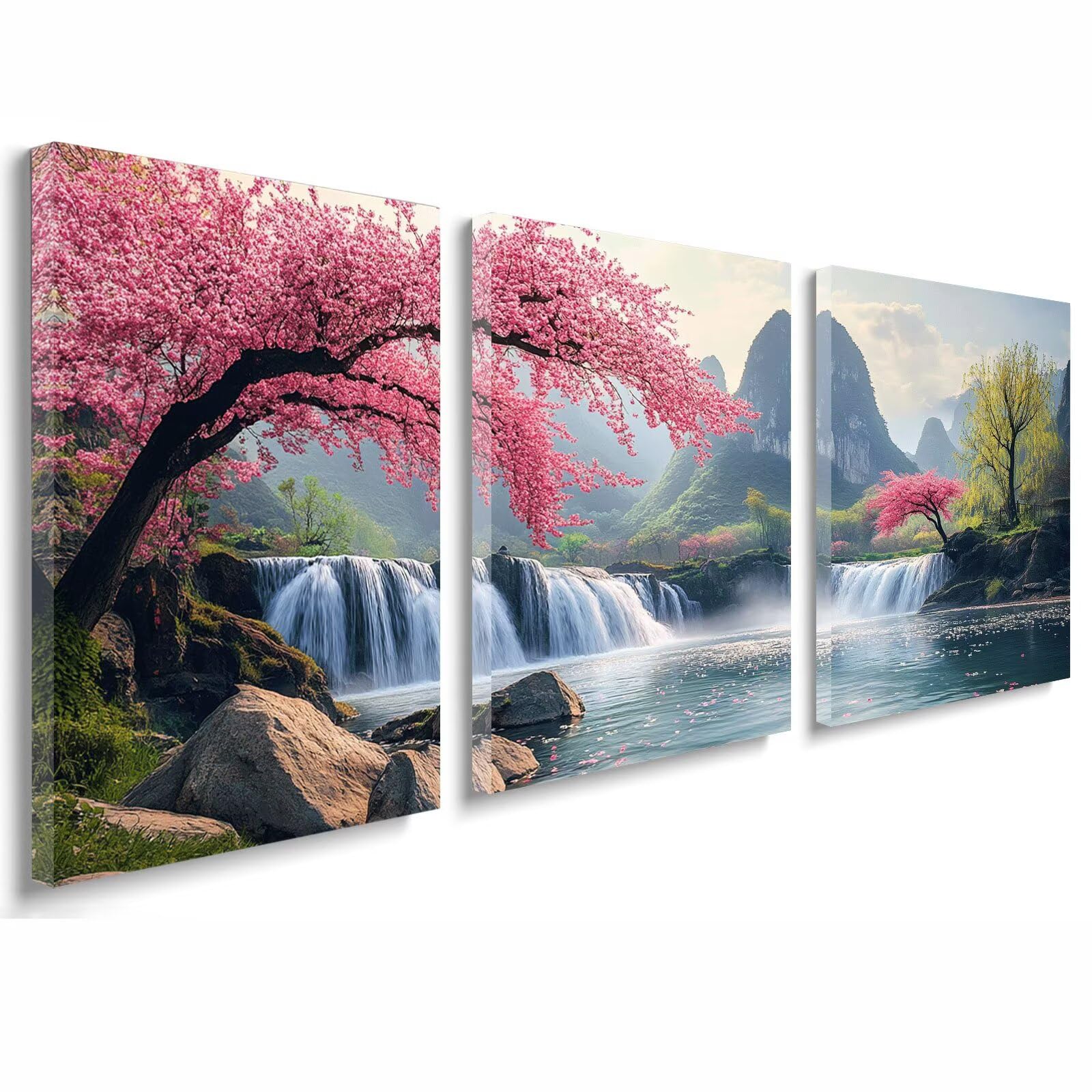 Tableau Decoration Murale Japon Cadre en Bois Impression sur Toile, Peinture Poster Mural Tableau Arbre Triptyque pour Moderne Salon Chambre Restaurant Maison Bain Cuisine 35x50 cmx 3pcs 1f-1070