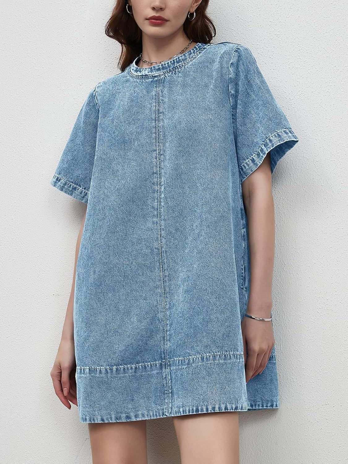 LifeShe Denim Dress for Women Summer Casual Short Sleeve Chambray Mini Jean Dresses with Pockets - Image 2