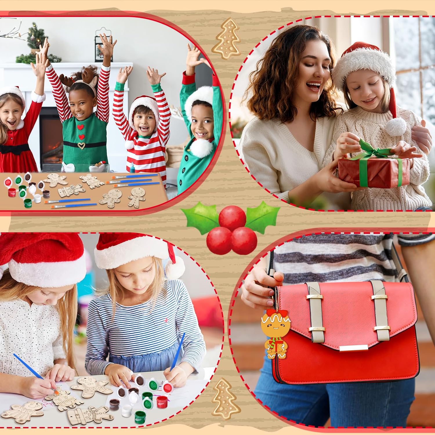 24 Pcs Christmas Party Favors Mini Gingerbread Man Wooden Painting Craft Kit Gingerbread House Cookies Theme Party Supplies DIY Wooden Craft with Organza Bag for Birthday Goodie Bags Fillers