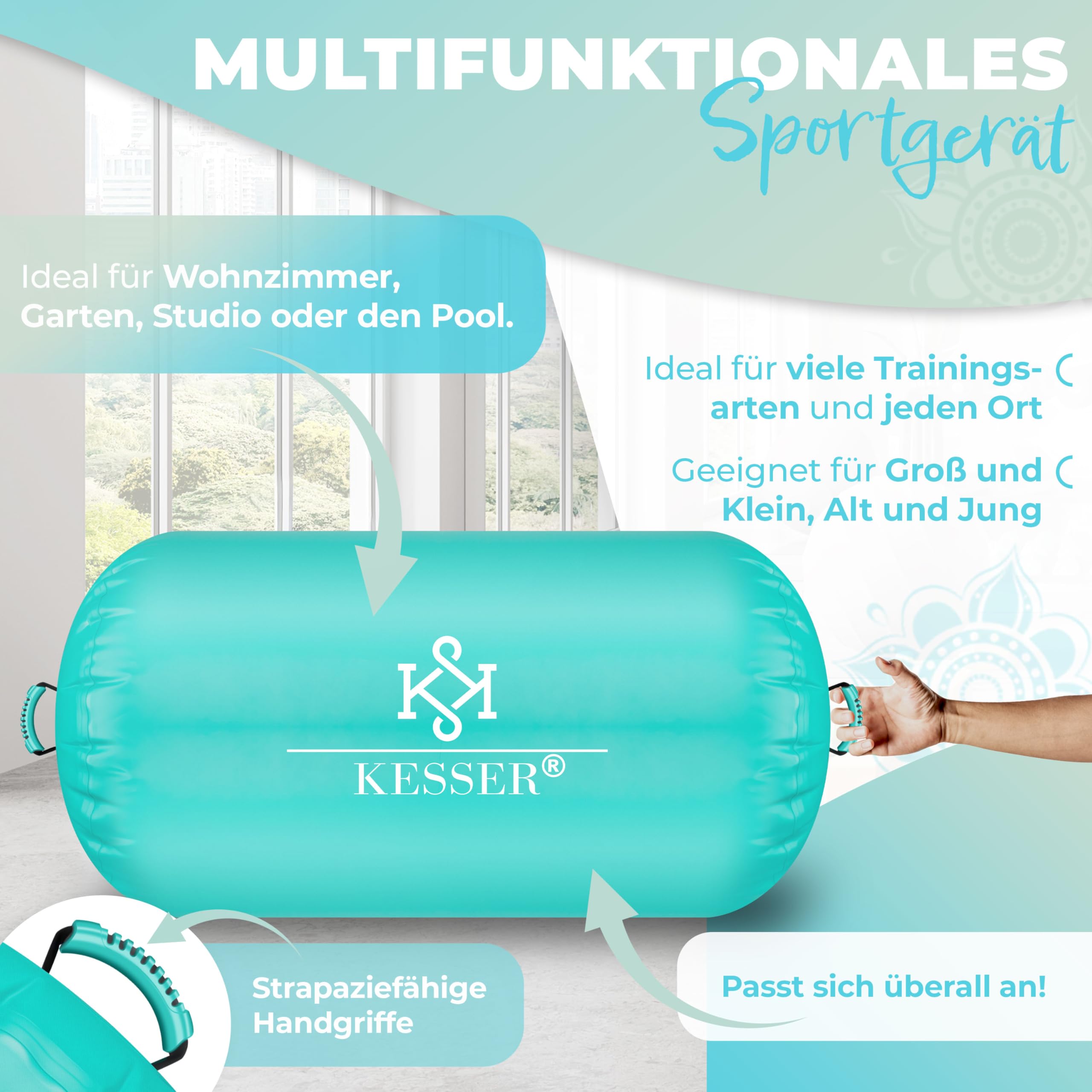 KESSER® Aufblasbare Airtrack | inkl. Tragetasche & elektr. Luftpumpe | Barrel Tumbling, Yoga, Fitnessmatte, Trainingshilfe, Turnmatte, Balance Trainer, Sportmatte, Gymnastikmatte, Workout