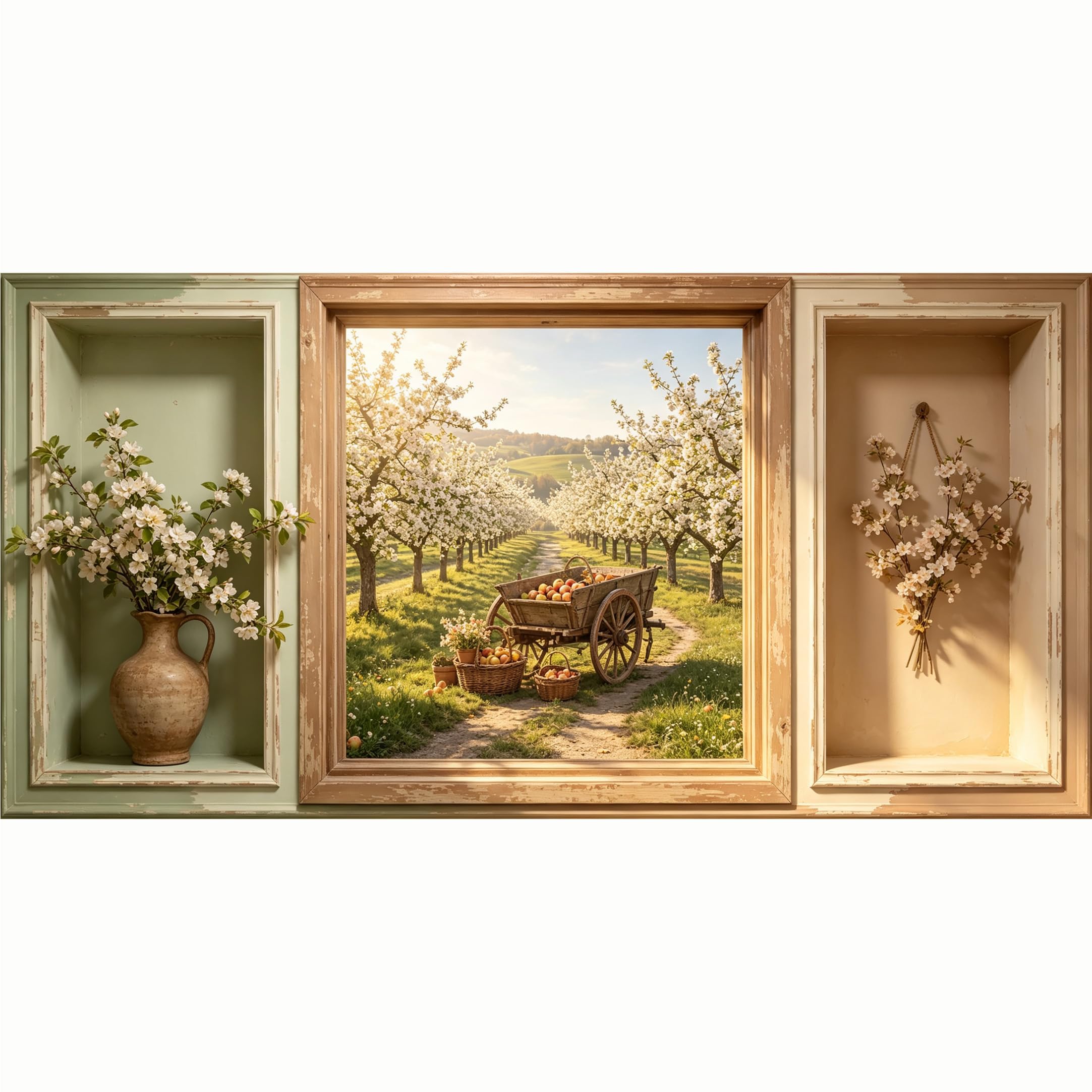 QZLITHOTIC 50x100cm 3D Framed Wall Art， Farmhouse Apple Orchard Blossom Landscape Self‑Adhesive Mural， Water‑Activated Peel & Stick Fabric Decor Wall Decal for Bedroom Living Room