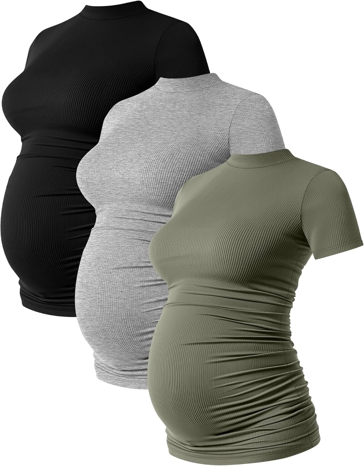 Ficerd 3 Pack 92% Cotton Ribbed Maternity T-Shirts for Women, Mock Turtleneck Side Ruched Slim Short Sleeve Pregnancy Tops - Image 2