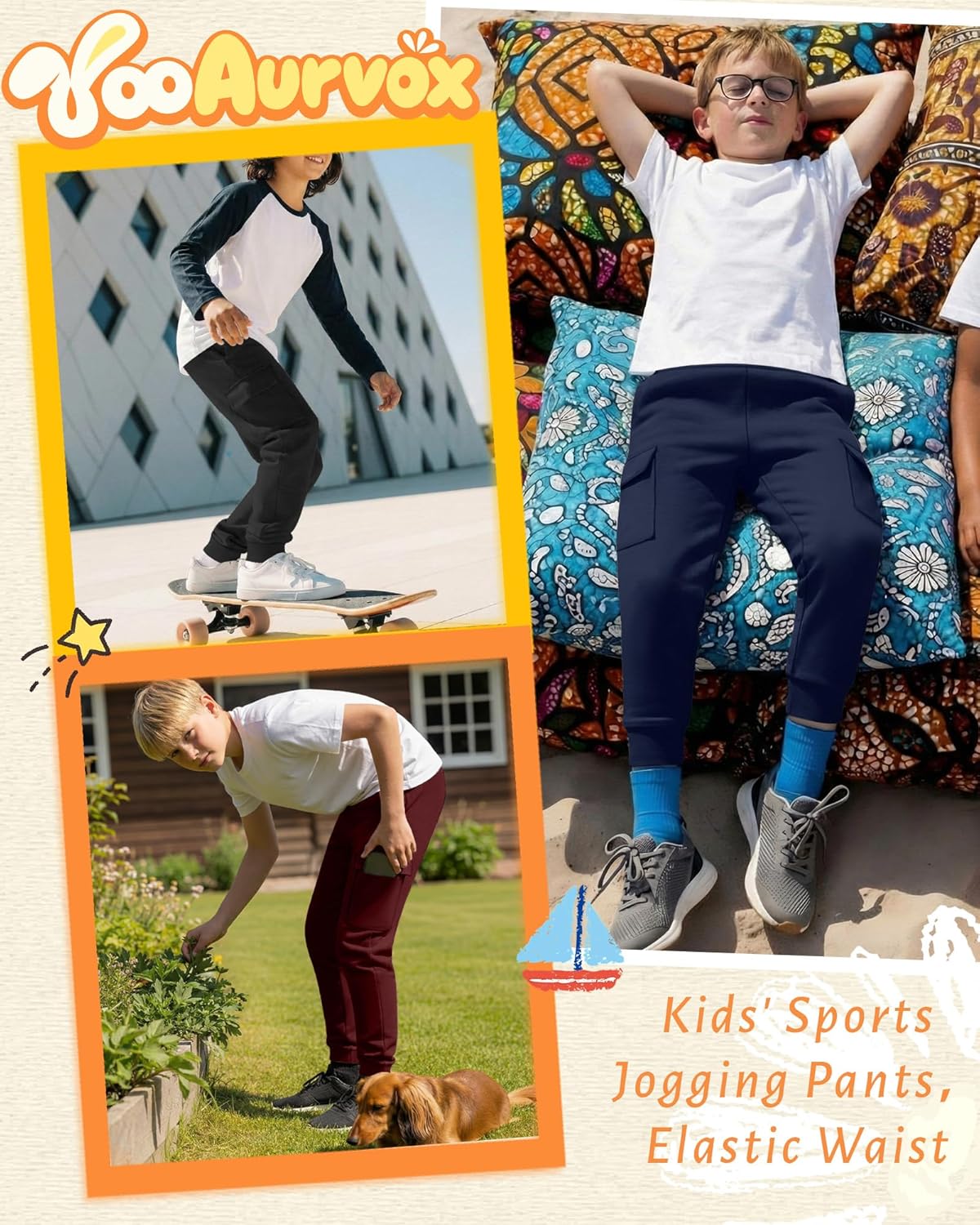 5 Pack Boys Cargo Sweatpants Kids Athletic Joggers Elastic Waist Casual Sport Pants with 4 Pockets 5-14 Years