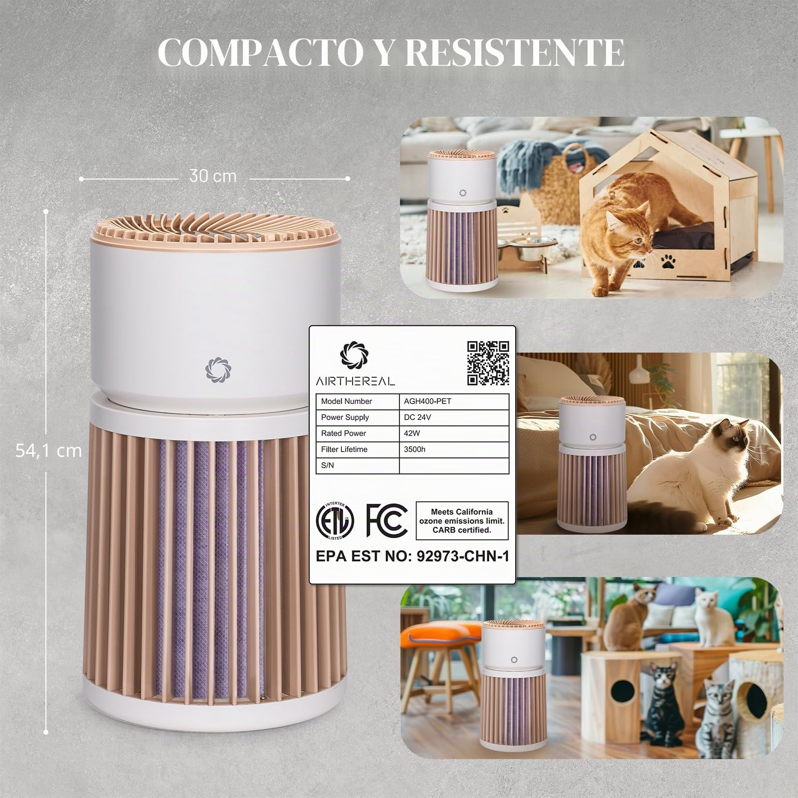 Airthereal Purificador de Aire para Mascotas, Gran Espacio 325 m² - Filtro H13 Morado Eliminador de Olores - Pelo, Polvo y Humo, Purificador especializado - Sensor PM2.5, AGH400-PET