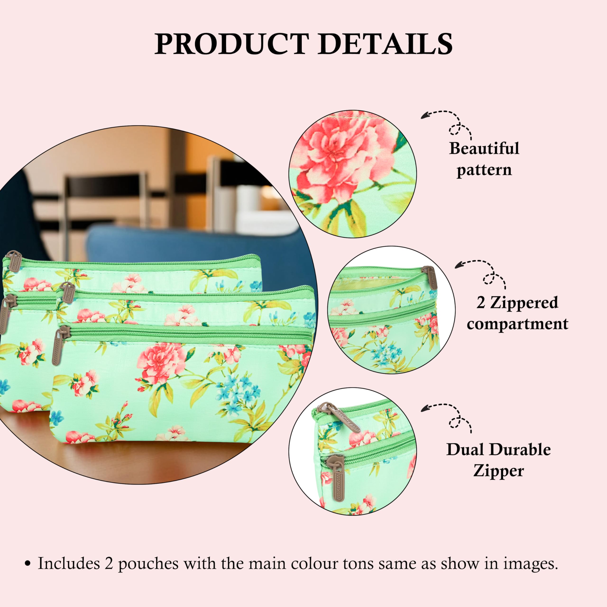Kuber Industries 2 Pcs Silk Small Hand Purse for Women with Zip Closure | Cloth Cash Pouch for Women | Return Gift Purse for House Warming Function & Baby Shower Ceremony | Floral Print - Green 3