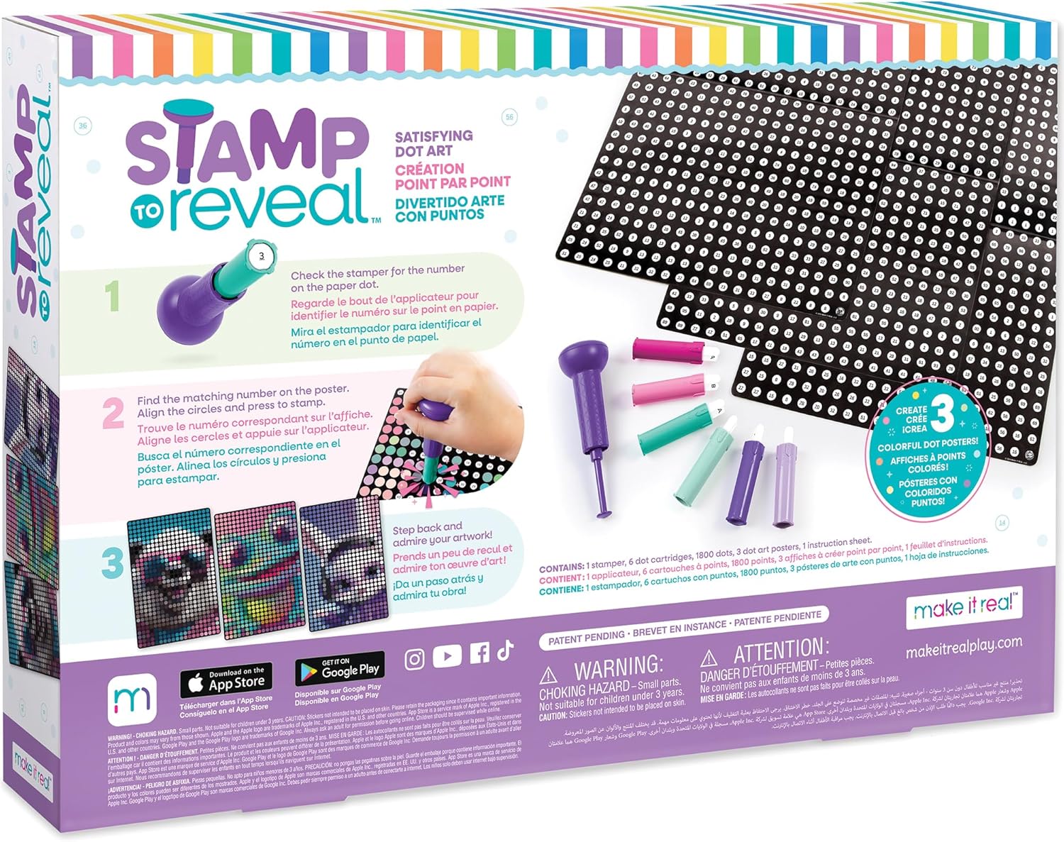 Make It Real Stamp to Reveal DIY Dot Posters, 1 Stamper per kit & 3 Dot Posters |Craft Kit, Artwork Activity, Girls & Kids Ages 6 Bunny, Frog, Panda Art- Stamp Bunny, Frog, Panda