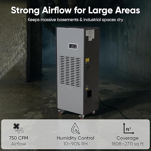 Miniatura 3 de Deshumidificador comercial de 350 pintas para sótanos y espacios industriales - Bomba integrada, manguera de drenaje, funcionamiento continuo,