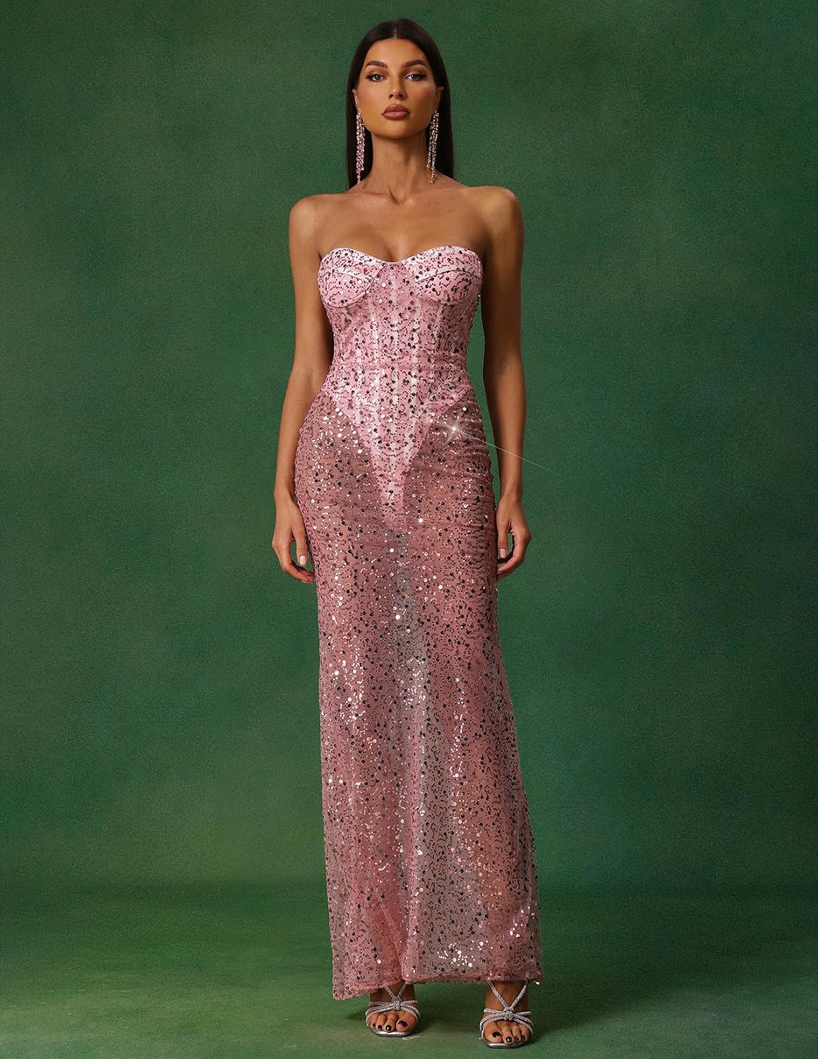 BELLA BARNETT Strapless Pink Corset Sequin Dress for Club Mermaid Silhouette Complete Maxi Prom Dress