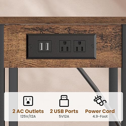 Miniatura 5 de Mesa auxiliar con estación de carga, mesas auxiliares altas para sala de estar, mesita de noche delgada de 30 pulgadas con almacenamiento, mesitas