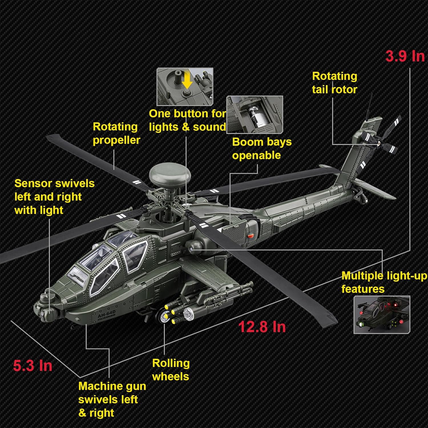 AH-64 Apache Diecast Model Airplane Toy, 1:46 Plane Military Fighter Jet Toy, Light and Sound Functions (Camouflage)