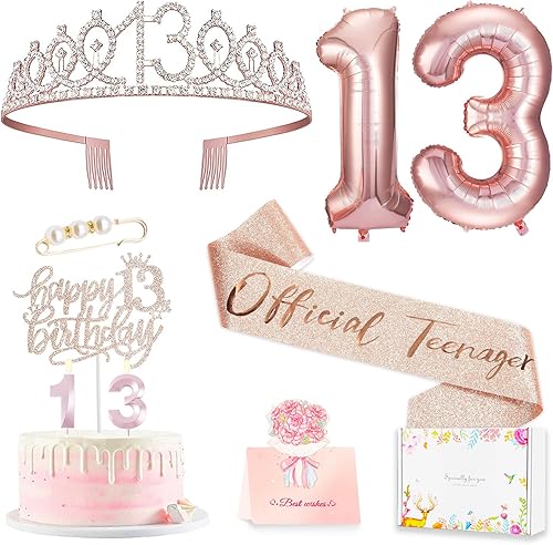 Decoraciones de cumpleaños de 13 años para niñas, que incluyen adornos para pastel de cumpleaños de 13 años, banda de reina con alfiler de perla,