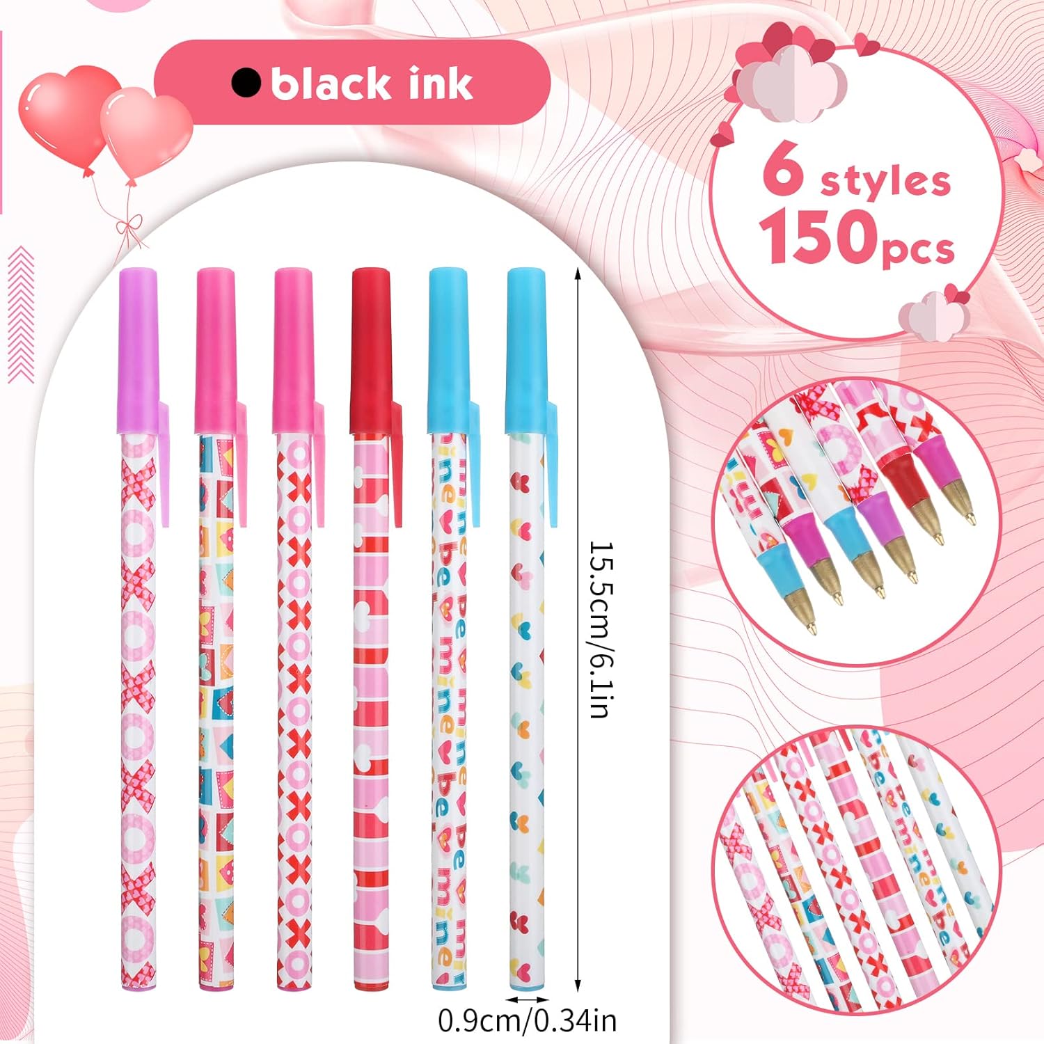 Yexiya 150 Pcs Valentine's Day Ballpoint Pen Bulk Heart Ballpoint Pen Wedding Pens Black Ink Pens for School Office Supplies Valentine's Day Wedding Exchange Gift Party Supplies, 0.7 mm - Image 2