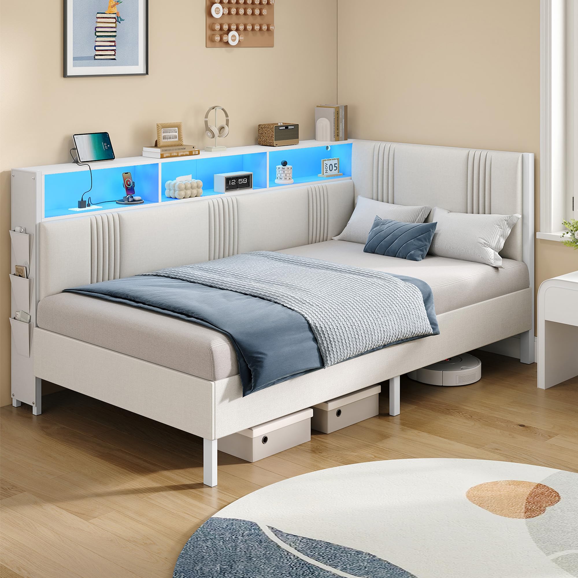 Hzuaneri Single Bed Frame with Storage, LED and Charging Station, White
