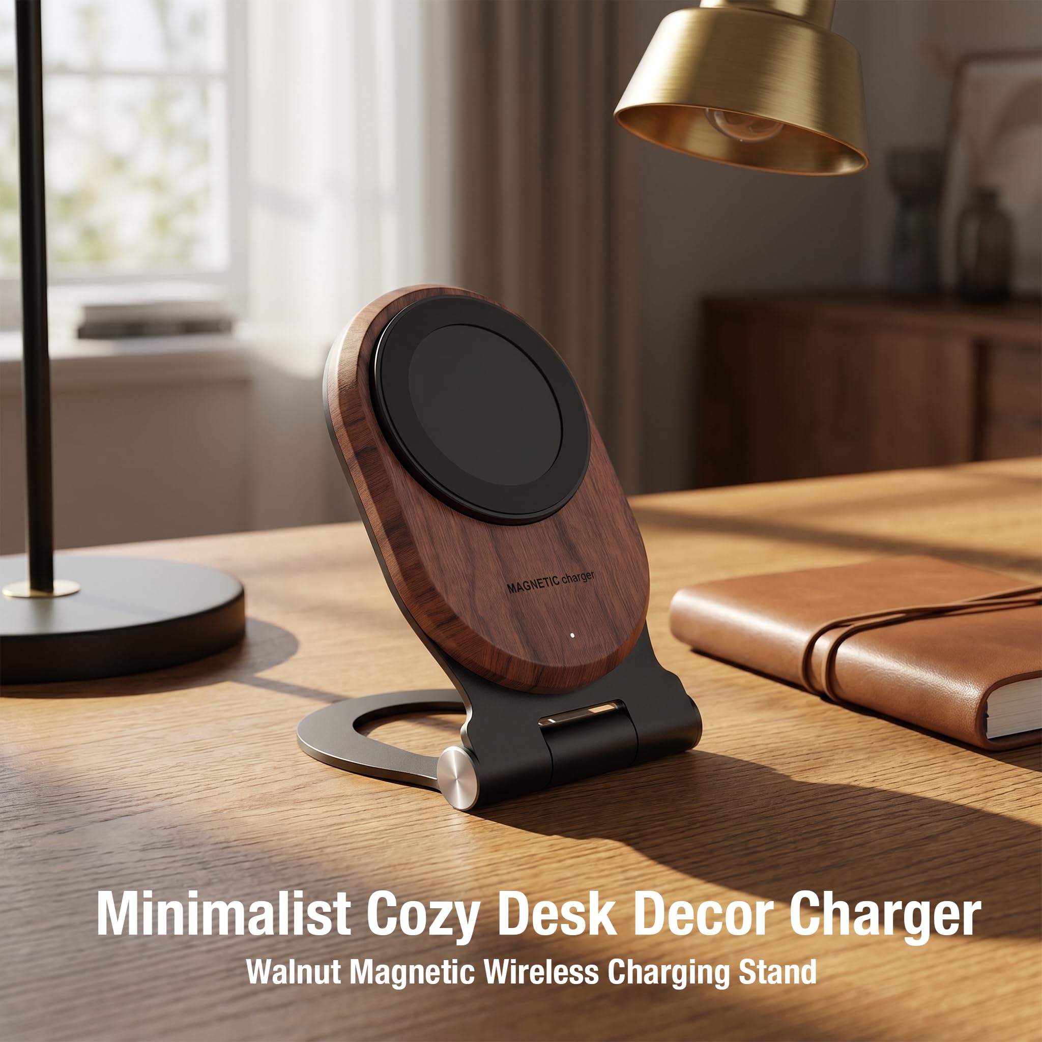 Soporte magnético de madera de nogal, base de carga rápida plegable de 15 W con ángulo ajustable de 0 a 85°, compatible con MagSafe para iPhone 17/16/15/14/13/12, decoración de escritorio y