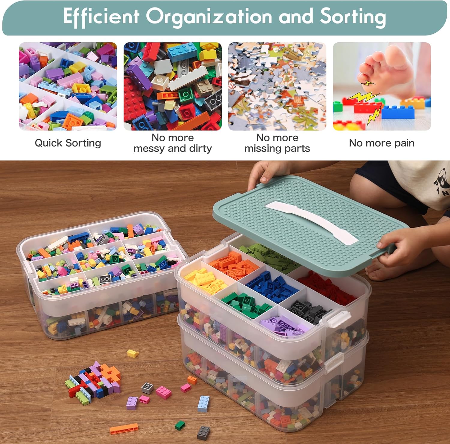 Douorgan Toy Storage Organizer for Lego Stackable Organizer Bins with Compartments Portable Containers with Lids Building Blocks Miniature Organizer Storage Box Toy Chest Case (3 Layers)