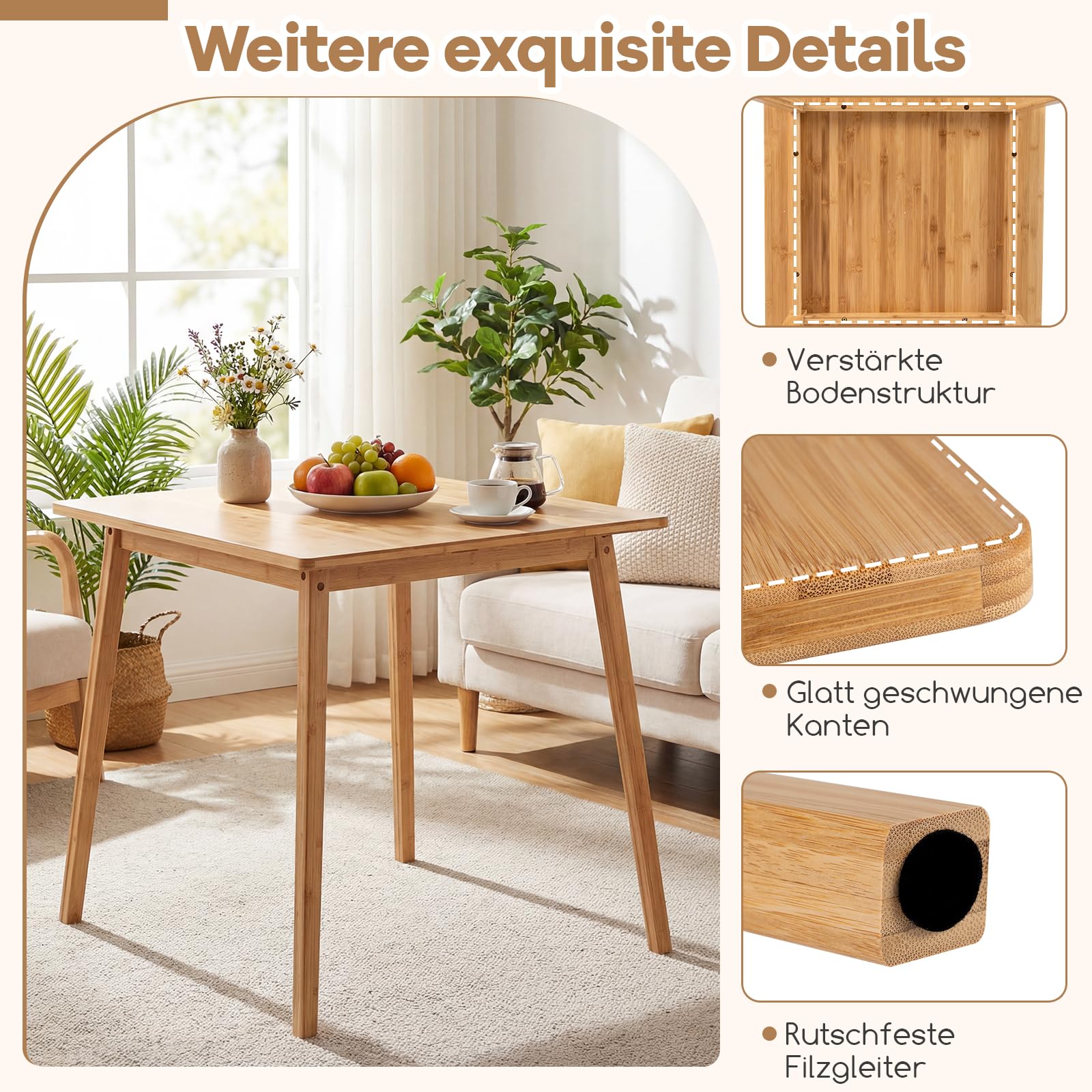 COSTWAY Esstisch 70x70 cm, Küchentisch aus Bambus, quadratischer Holztisch, Esszimmertisch für 2-4 Personen, für Esszimmer, Küche, Natur