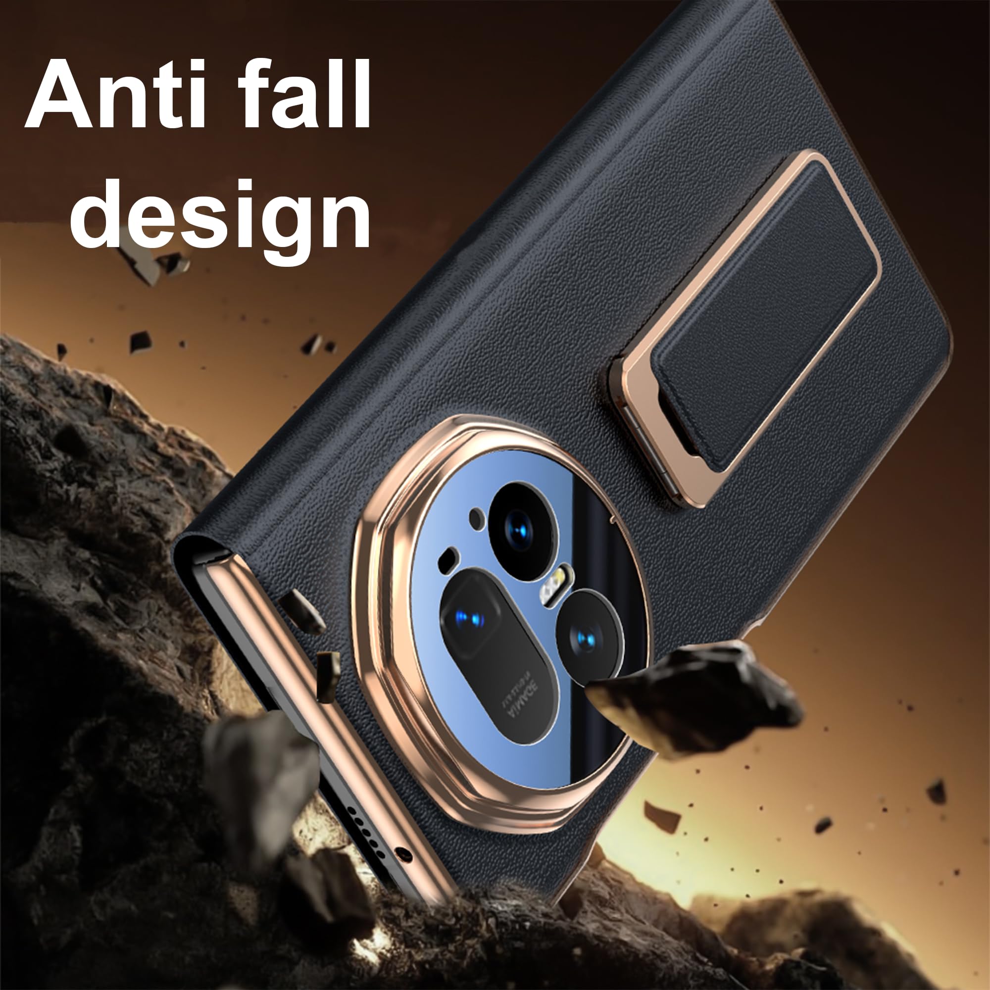 Coque pour Honor Magic V5 avec 360°degrés Support Rotatif,Ultra-Fin PU Cuir Back et Monture en Silicone Souple Etui,Étanche et Résistante aux Chocs- Noir