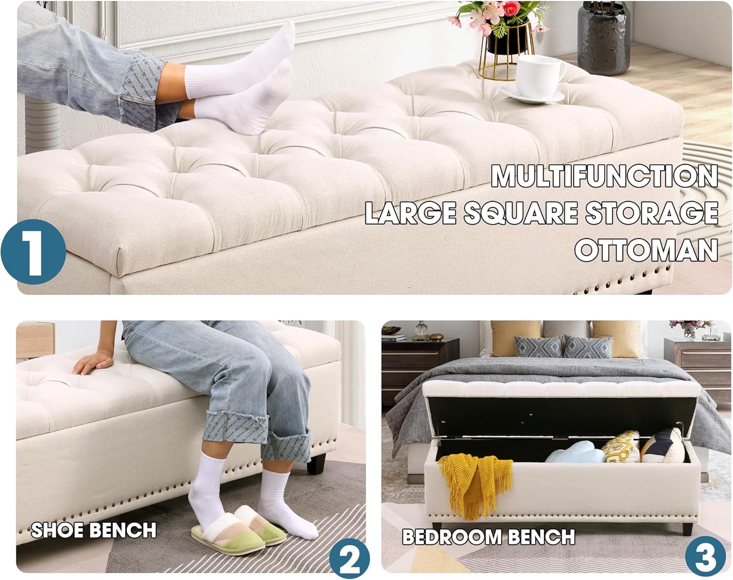 Grepatio 51" Ottoman Storage Benches, 30 Gallons End of Bed Storage Bench, Large Rectangular Ottoman, Button-Tufted Ottoman with Storage for Living Room Bedroom, Foot of Bed (Beige)