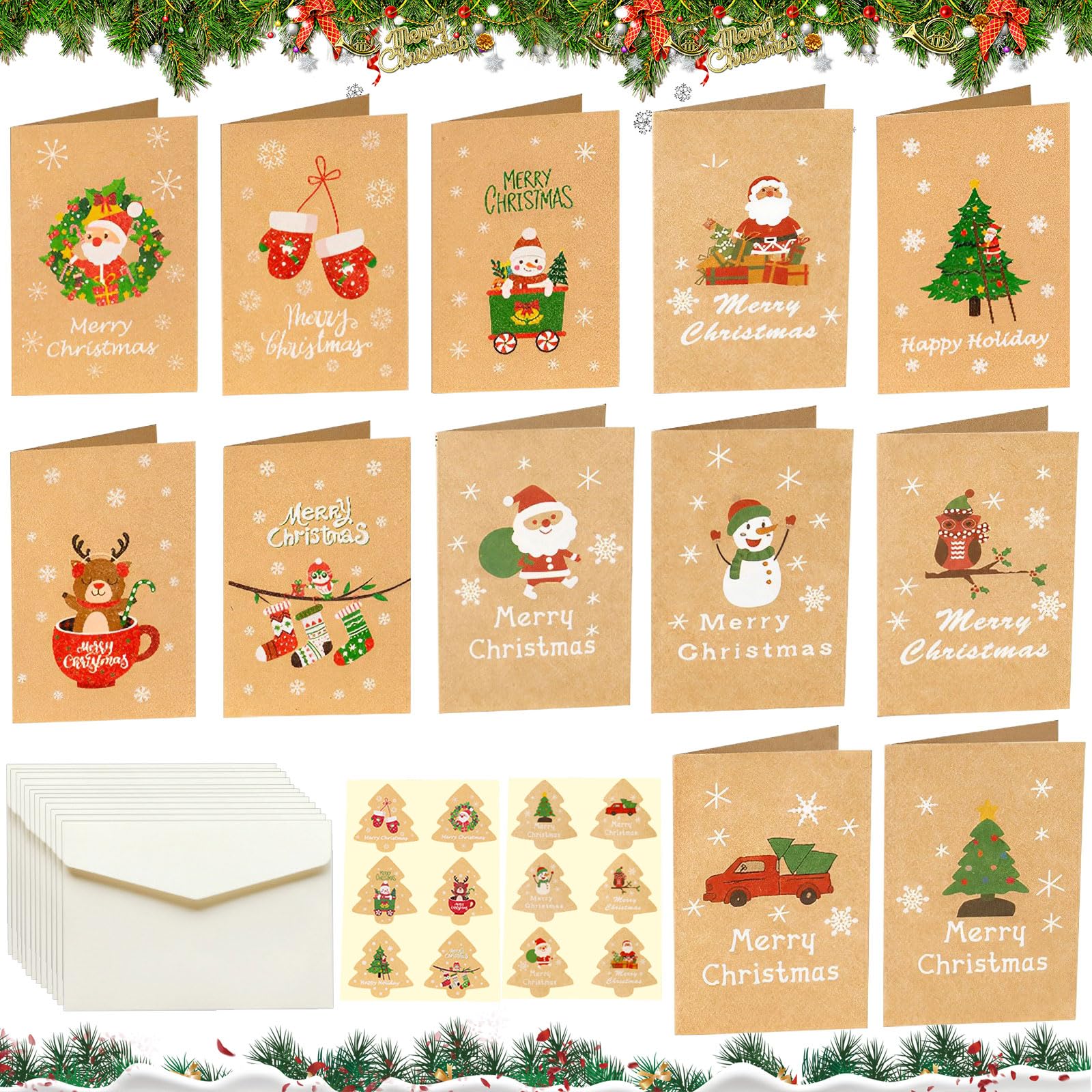 Weihnachtskarten Set Mit Umschlägen | 12 Stück Inkl. Aufkleber, Für Persönliche Grüße