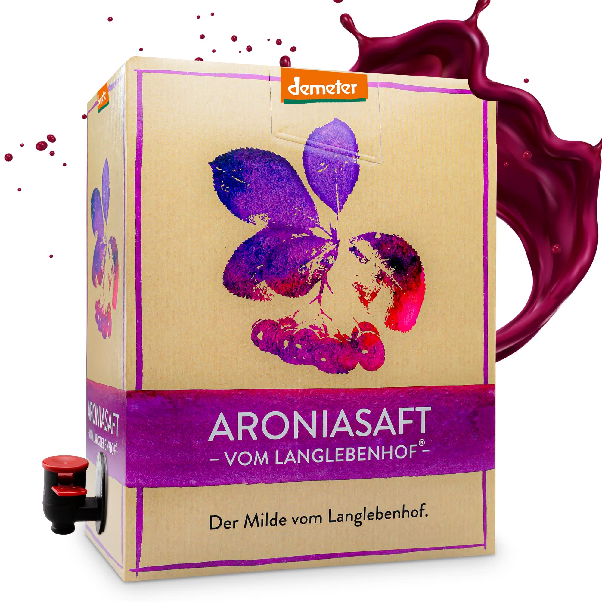 Langlebenhof Aronia Direktsaft, Muttersaft, [100% Demeter und Bio] 3 Liter Box, Der Milde" Aroniasaft für Ernährungsbewusste, Aroniasaft aus Deutschland, Aronia Beeren Saft - sehr ange haltbar.
