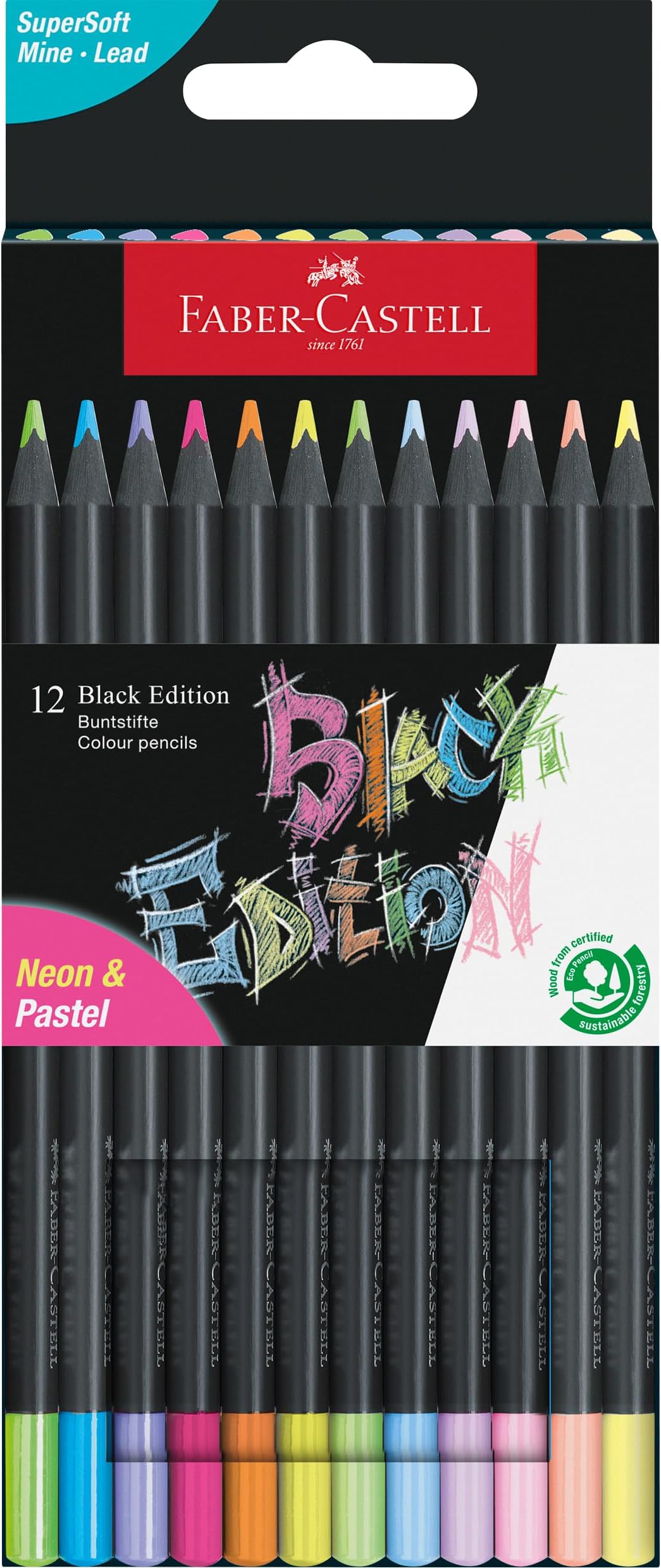 Colouring Pencils Black Edition Neon and Pastel Colours, Set of 12 tin of 12, Multicolor (116410)