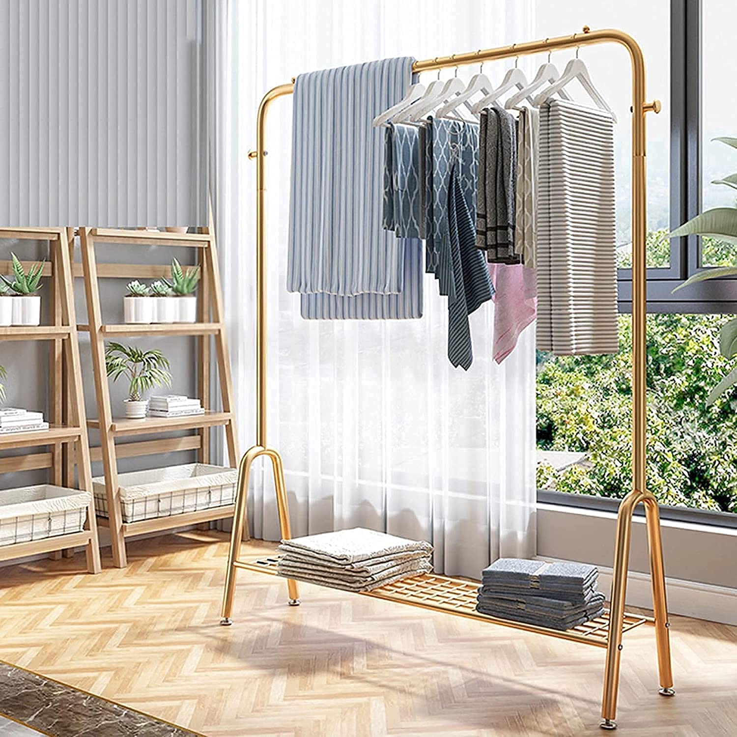 Schwerlast-Kleiderständer，Hochleistungs-Kleiderstange, Einpoliger, bodenstehender Kleiderständer aus Schmiedeeisen, mit 2 Haken und unterem Gestell, Schlafzimmergarderobe,Golden,100 cm,Golden,100 cm