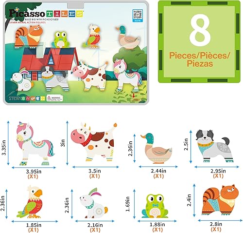 Miniatura 3 de PicassoTiles Juego de 8 piezas de azulejos magnéticos, accesorios de animales de granja compatibles con Picasso, juego de azulejos magnéticos de