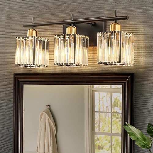 Modernas luces de tocador de cristal para baño, lámpara de tocador negra y dorada mate, lámpara de baño de 3 luces sobre espejo, aplique de pared disponible en Yaxa Costa Rica