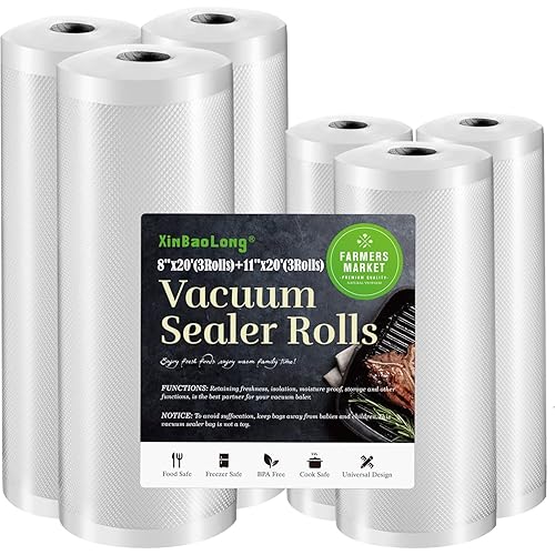 Vacuum Sealer Bags For Food: 6 Pack 3 Rolls 11"x20' + 3 Rolls 8"x20' Commercial Grade BPA Free Bag Rolls Durable Customized Size Food Vac Bags for Storage and Sous Vide Cooking Puncture Prevention