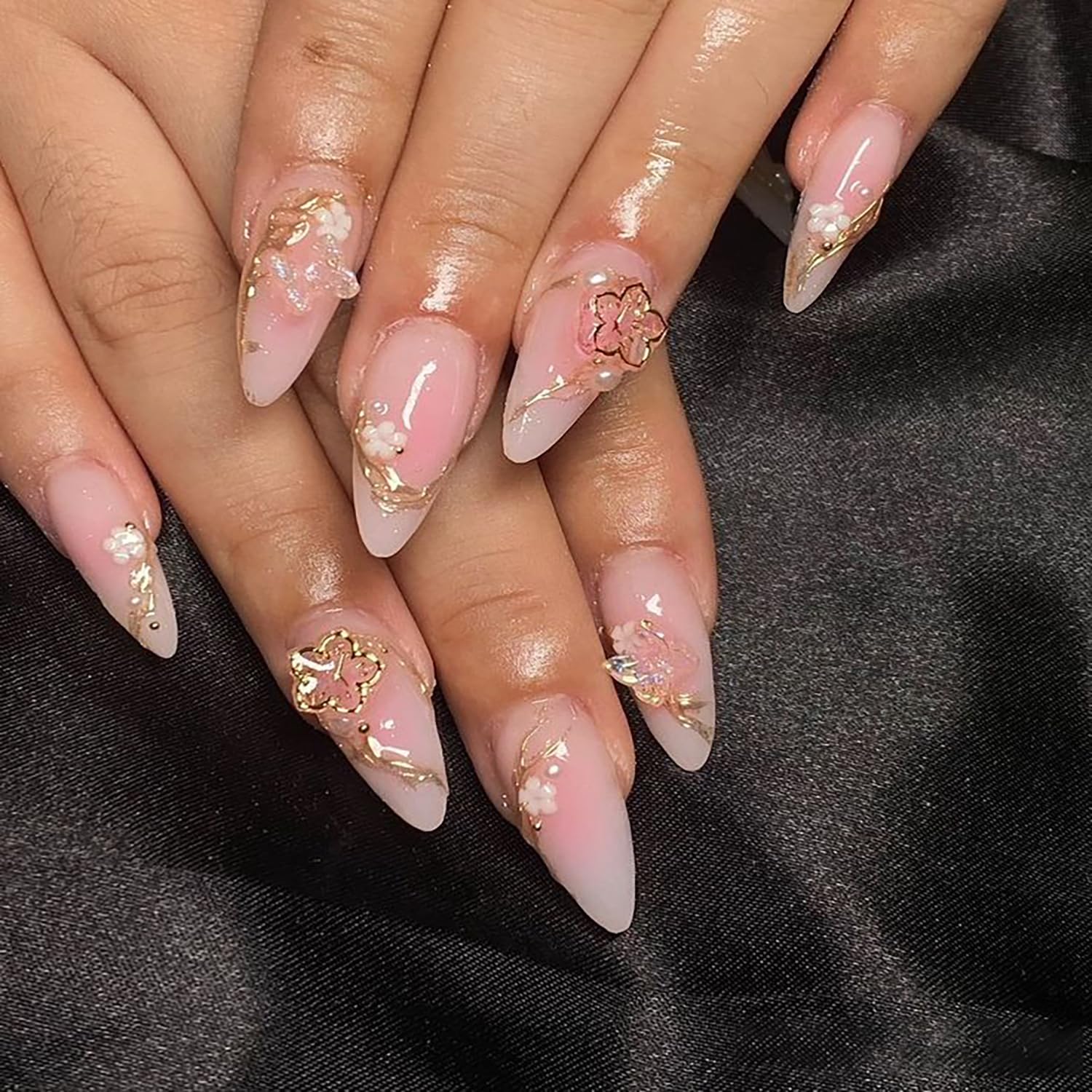 24Pcs Almond Press on Nails Medium Stiletto Fake Nails Flower Butterfly Charms Glue on Nails French Nails Tip False Nails Gradient Pink Stick on Nails